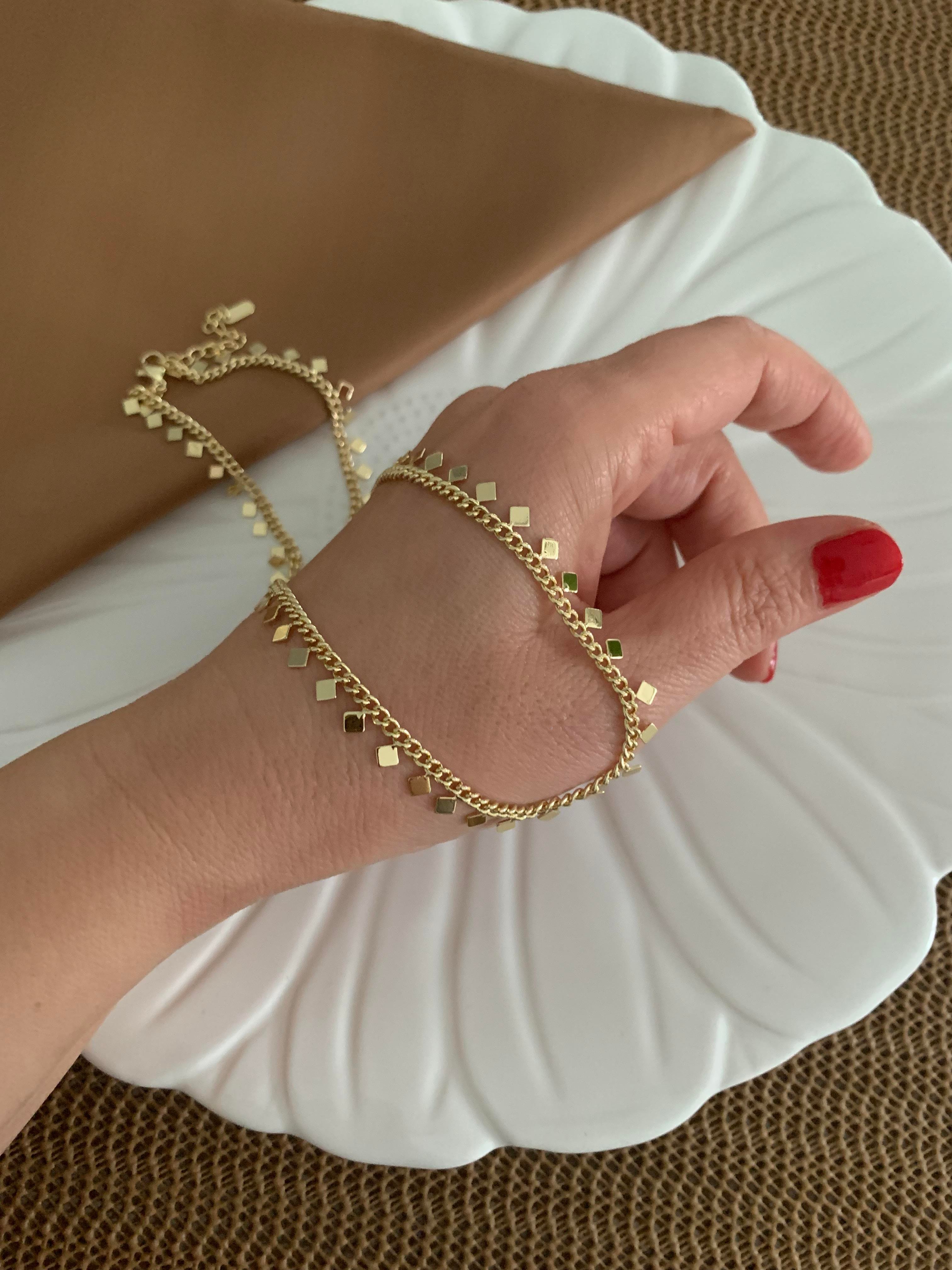 Vip Gold İnce Zincirli Mini Kare Sıralı Kolye