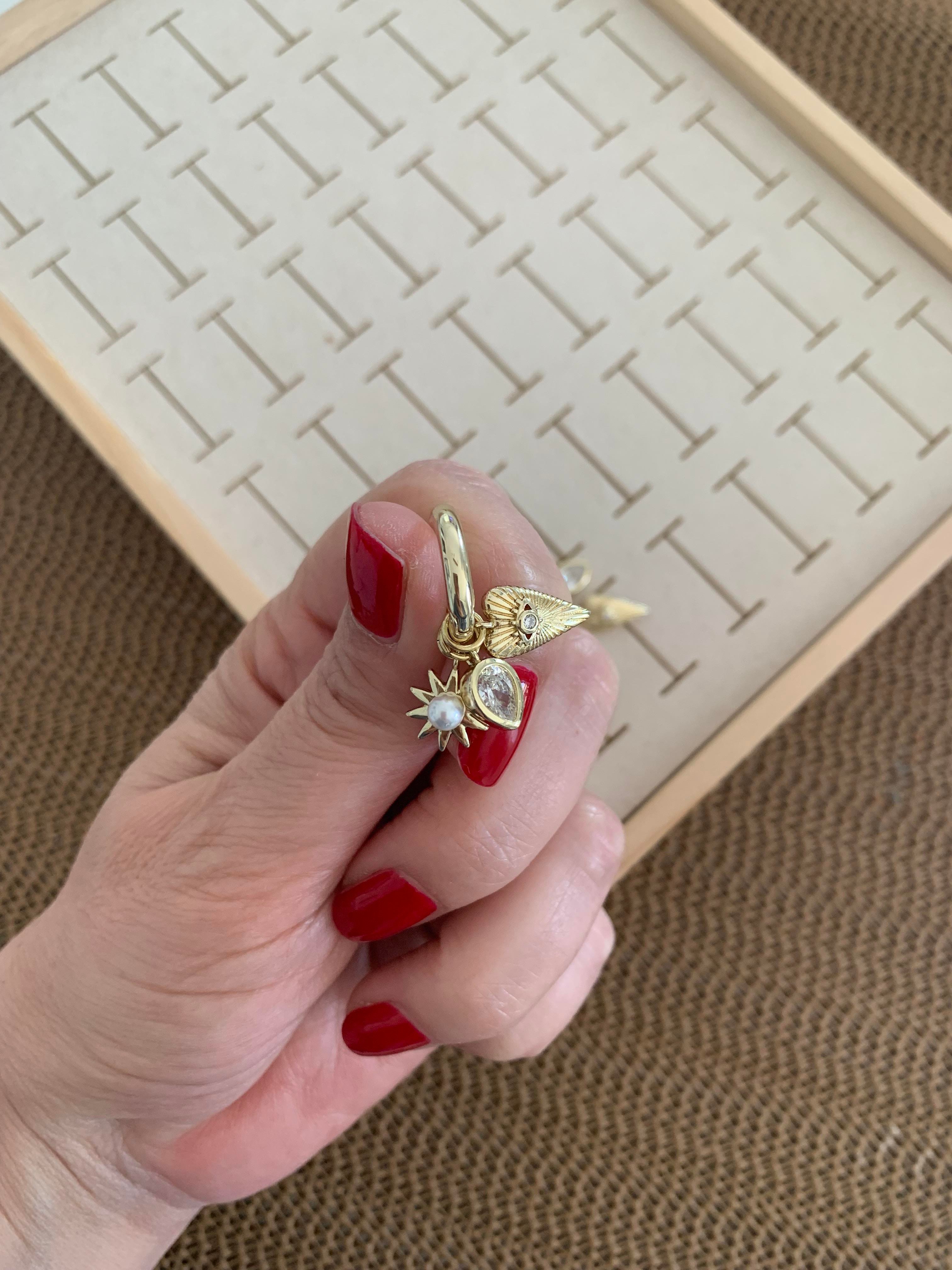 Vip Gold İnci Tek Taşlı Kalp Charm Halka Küpe