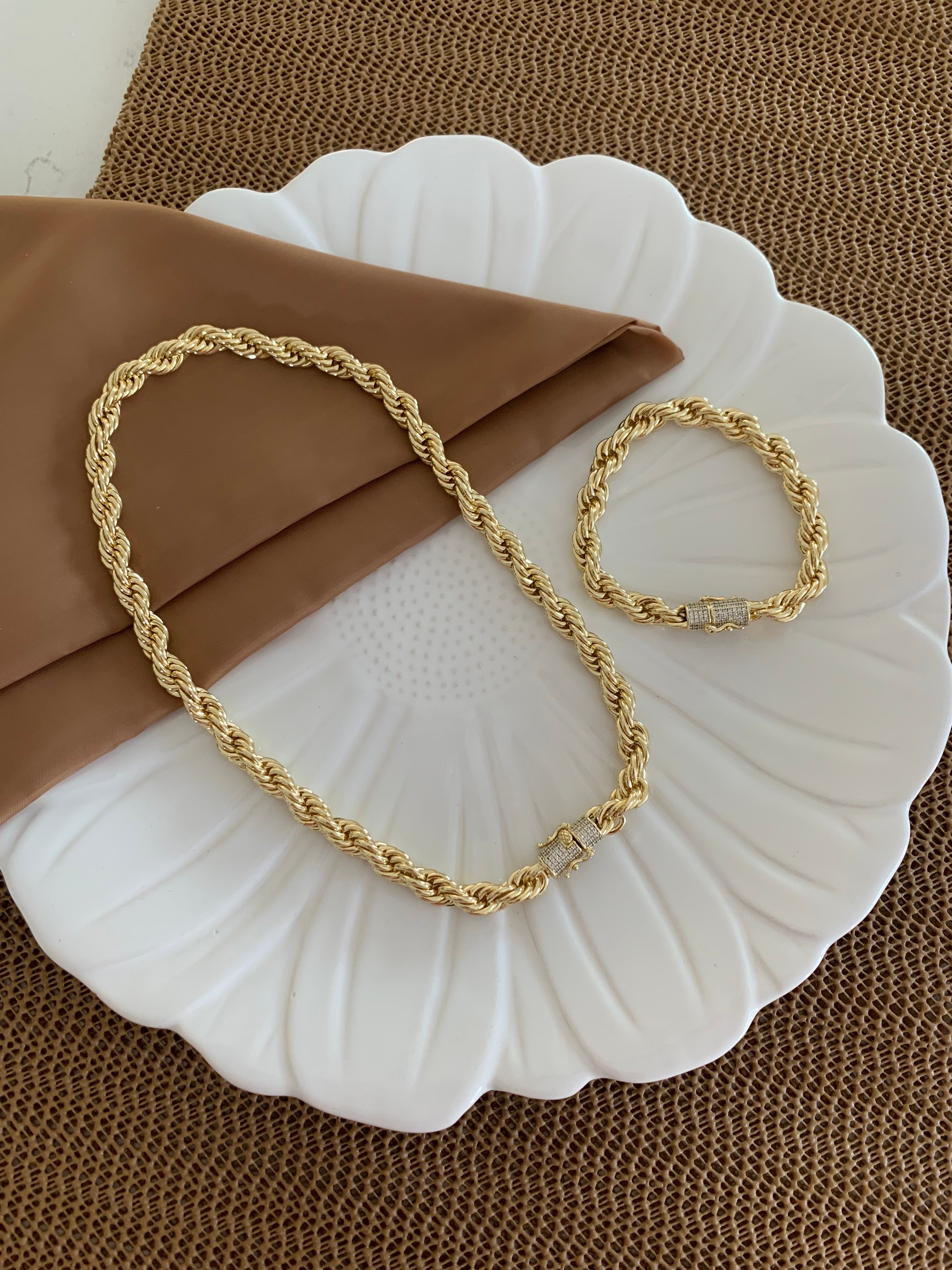 Vip Gold Kalın Burgu Tasarım Kolye Bileklik Set 