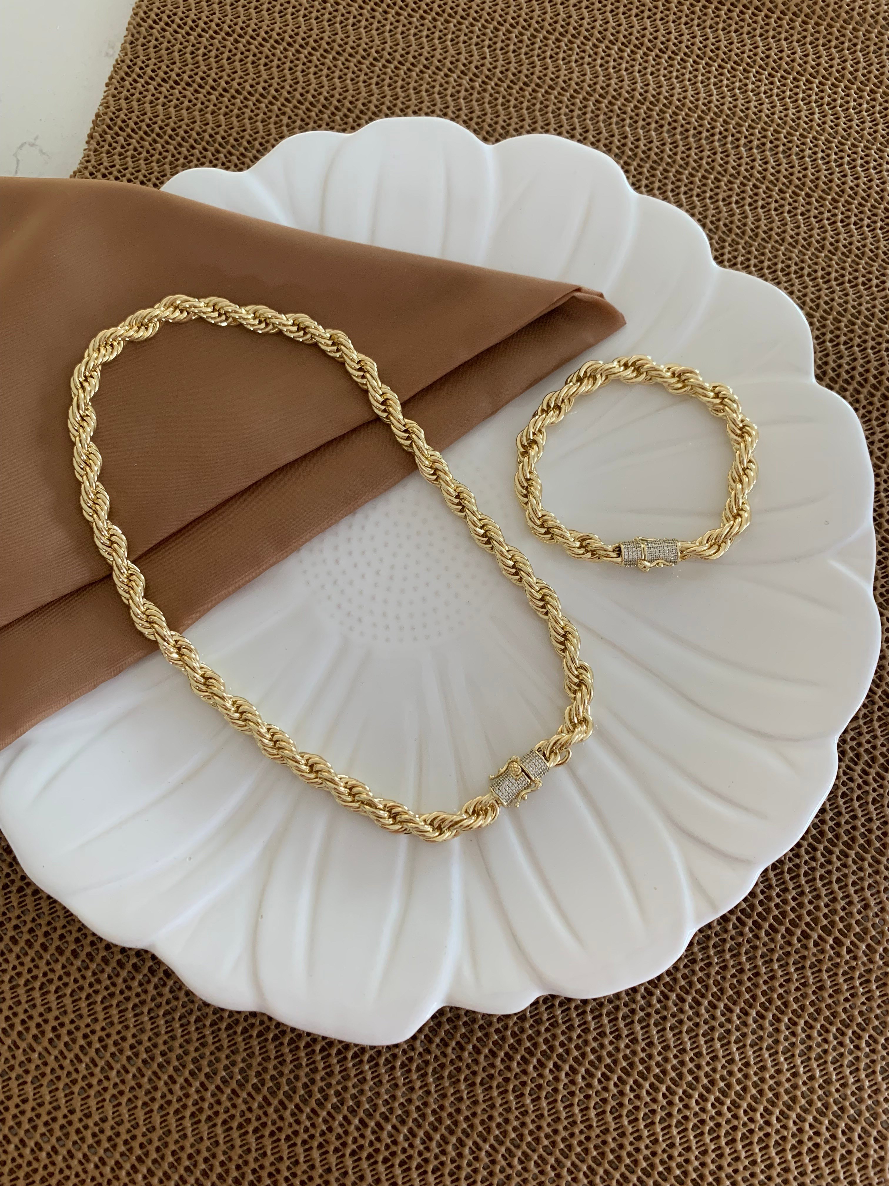 Vip Gold Kalın Burgu Tasarım Kolye Bileklik Set 