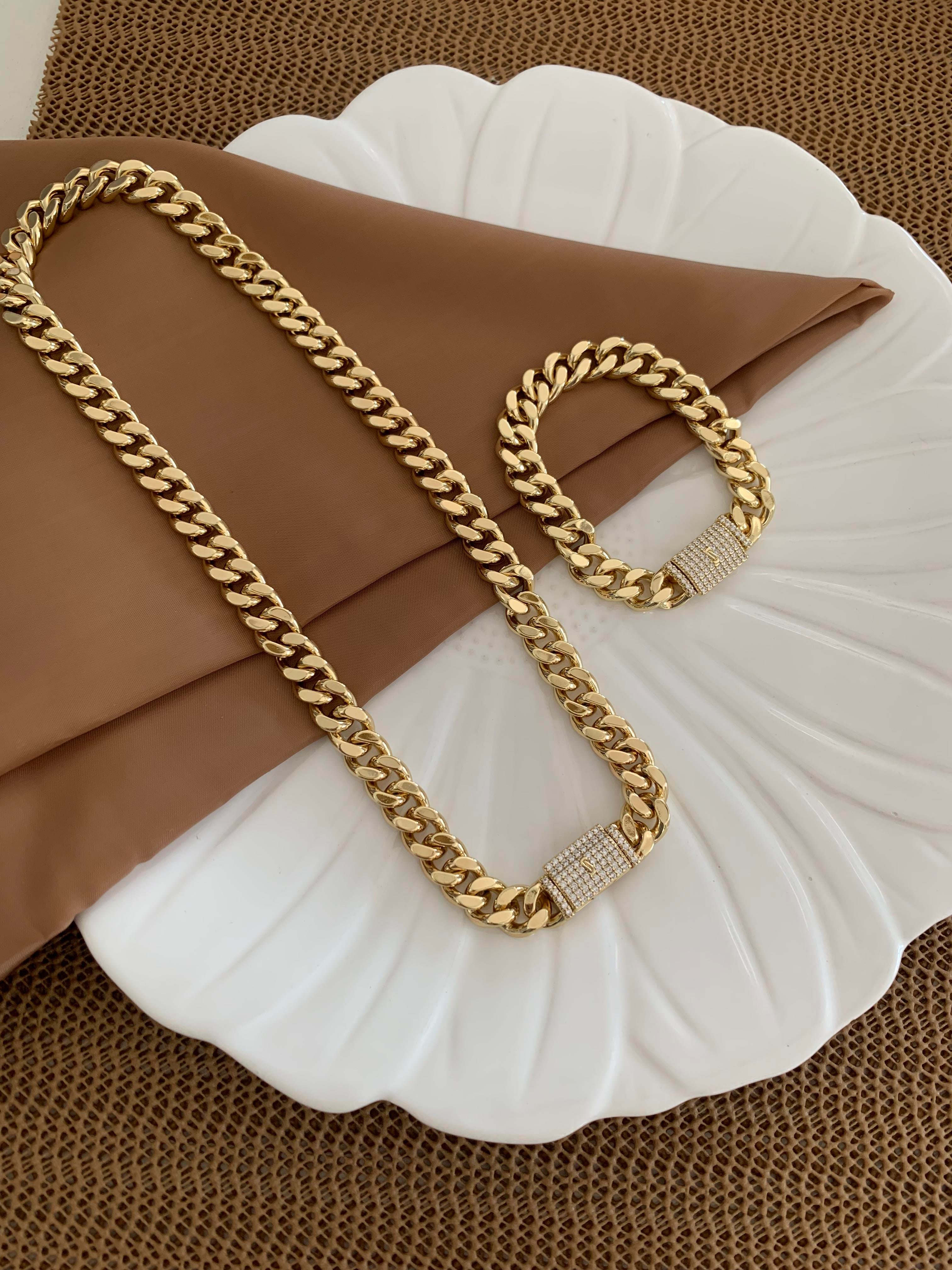 Vip Gold Kalın Kesme Zincir Gurmet Kolye Bileklik Set