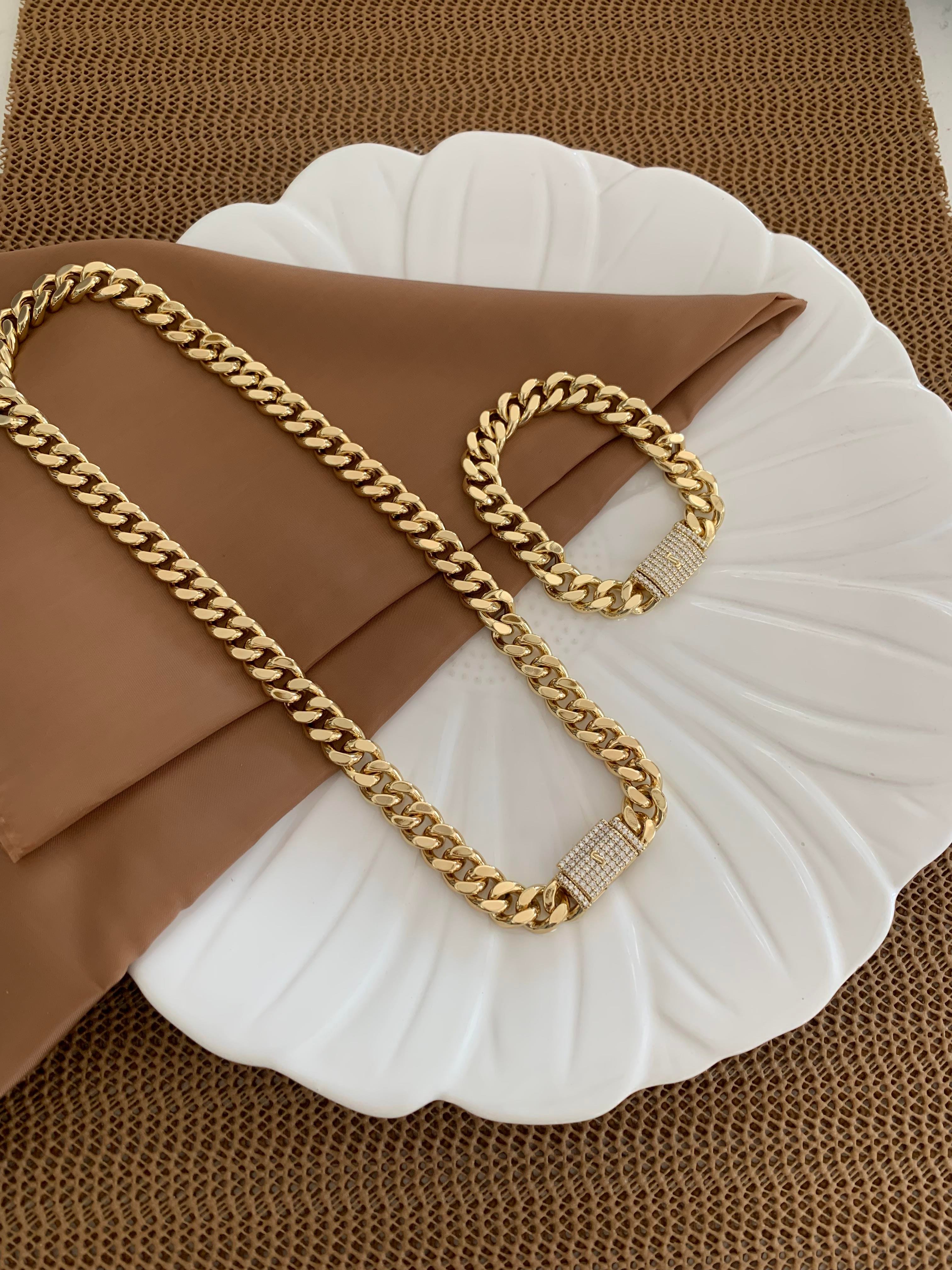 Vip Gold Kalın Kesme Zincir Gurmet Kolye Bileklik Set