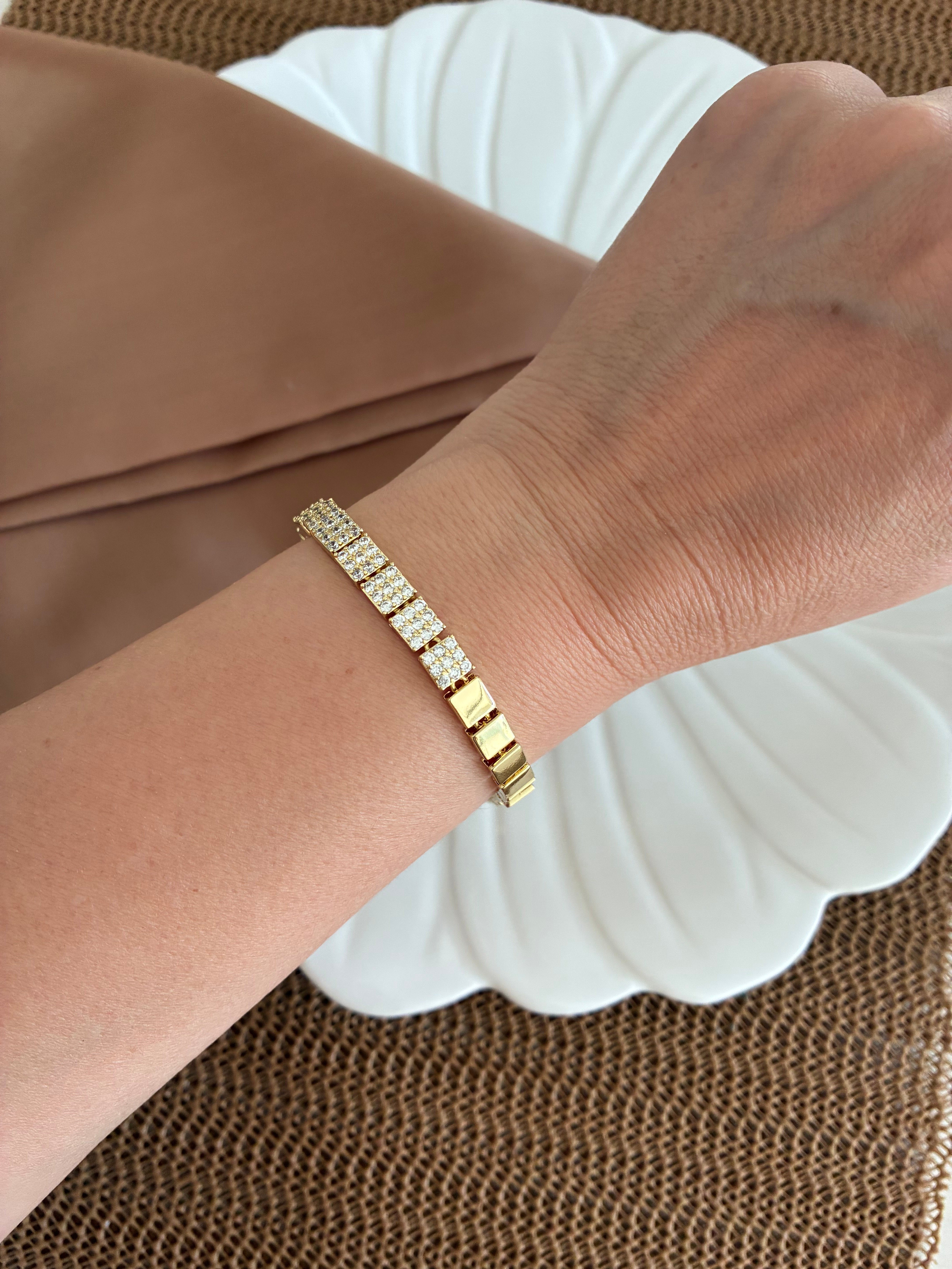 Vip Gold Kare Zirkon Taşlı Plaka  Bileklik