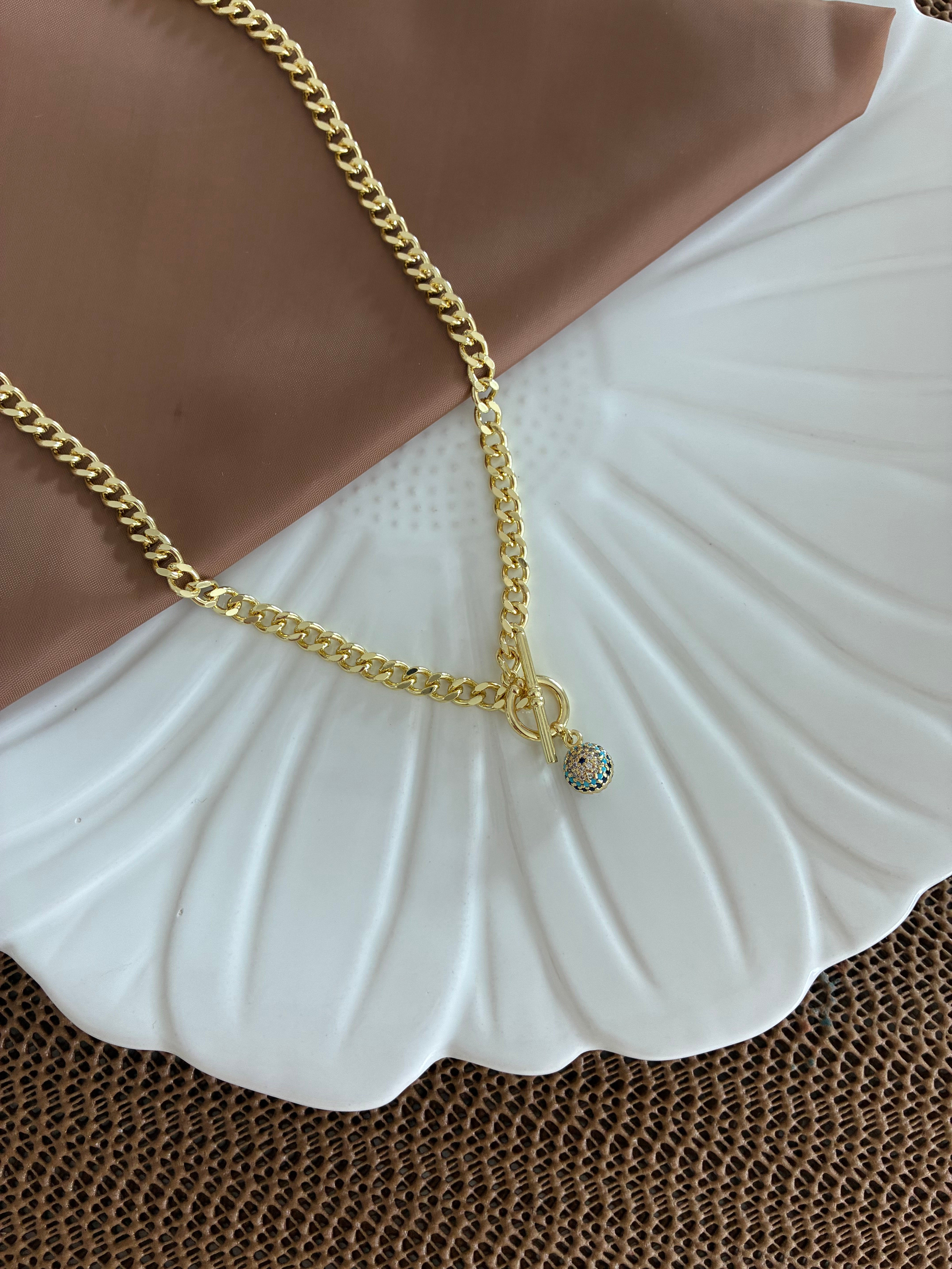 Vip Gold Klasik Zincir Zirkon Taşlı Mavi Nazar Top Kilit Uçlu Kolye