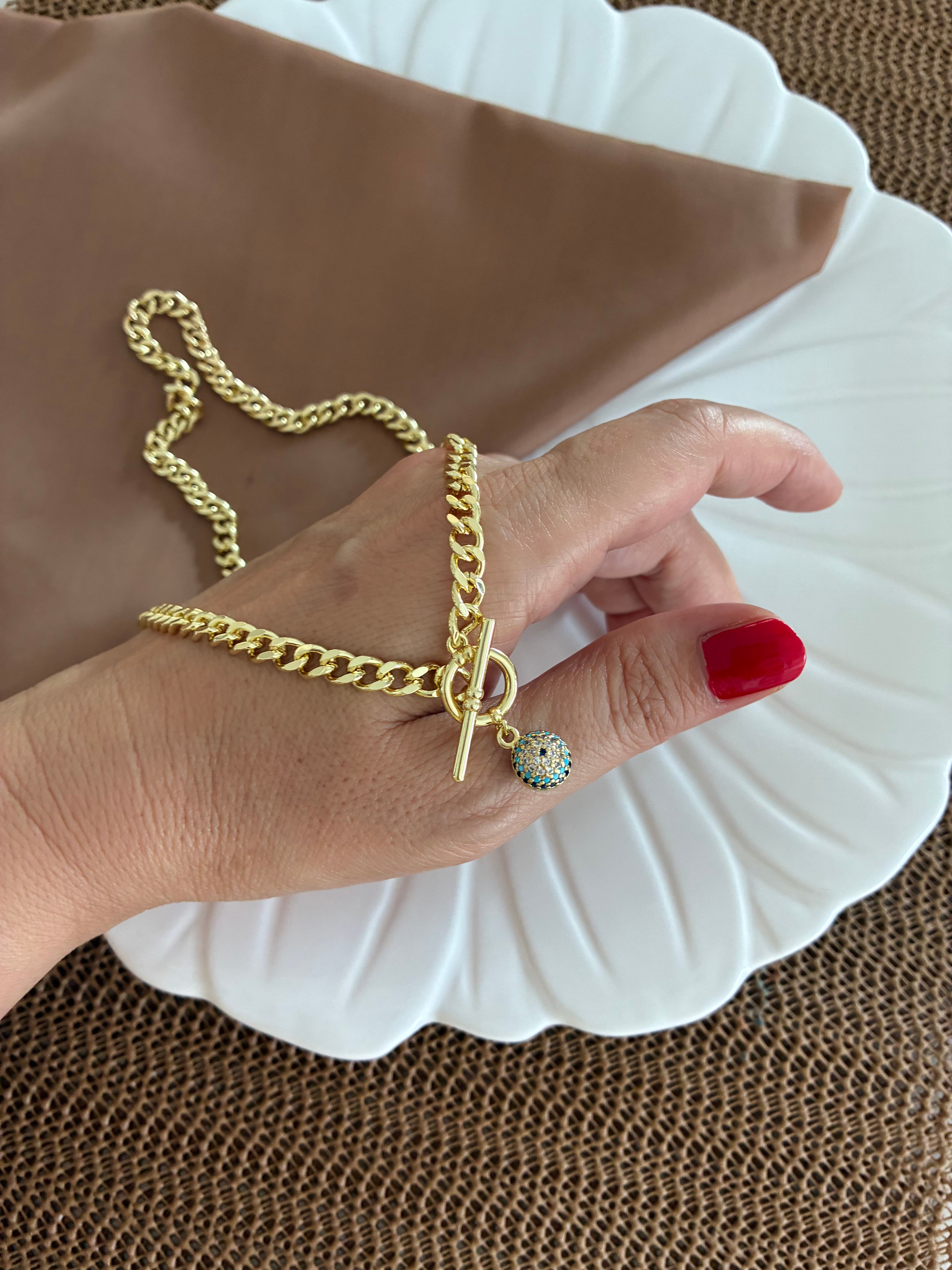 Vip Gold Klasik Zincir Zirkon Taşlı Mavi Nazar Top Kilit Uçlu Kolye