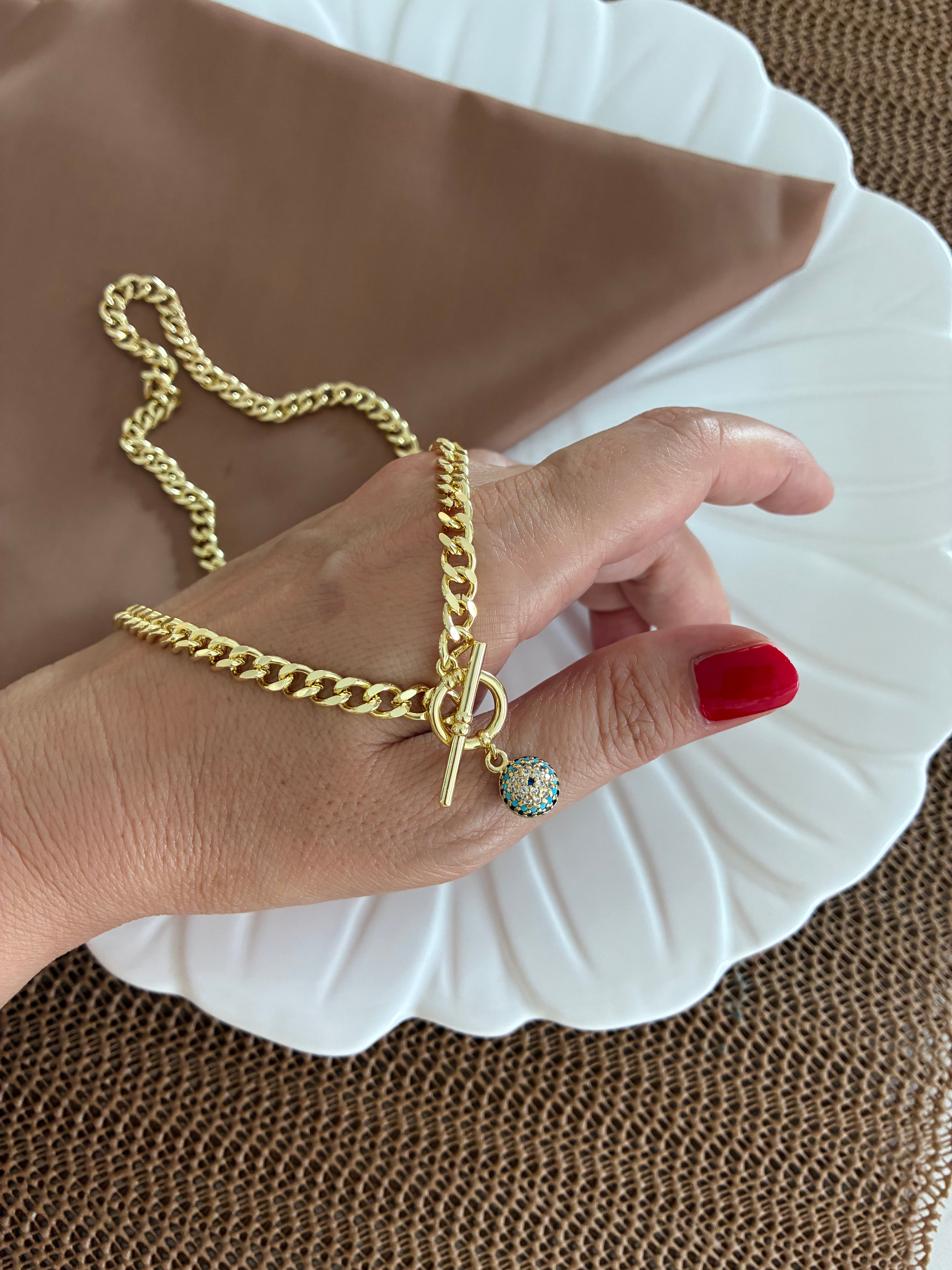 Vip Gold Klasik Zincir Zirkon Taşlı Mavi Nazar Top Kilit Uçlu Kolye