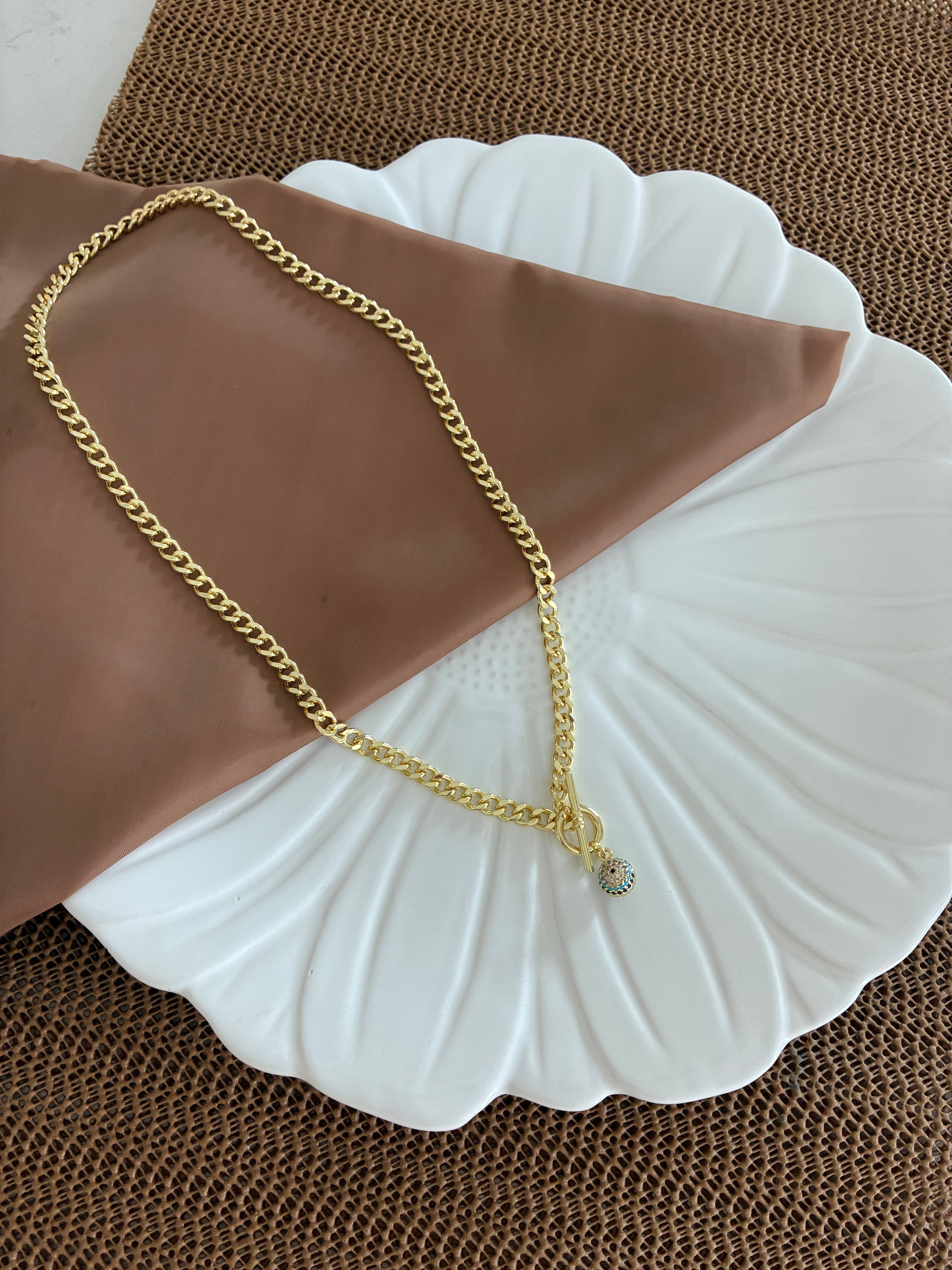 Vip Gold Klasik Zincir Zirkon Taşlı Mavi Nazar Top Kilit Uçlu Kolye