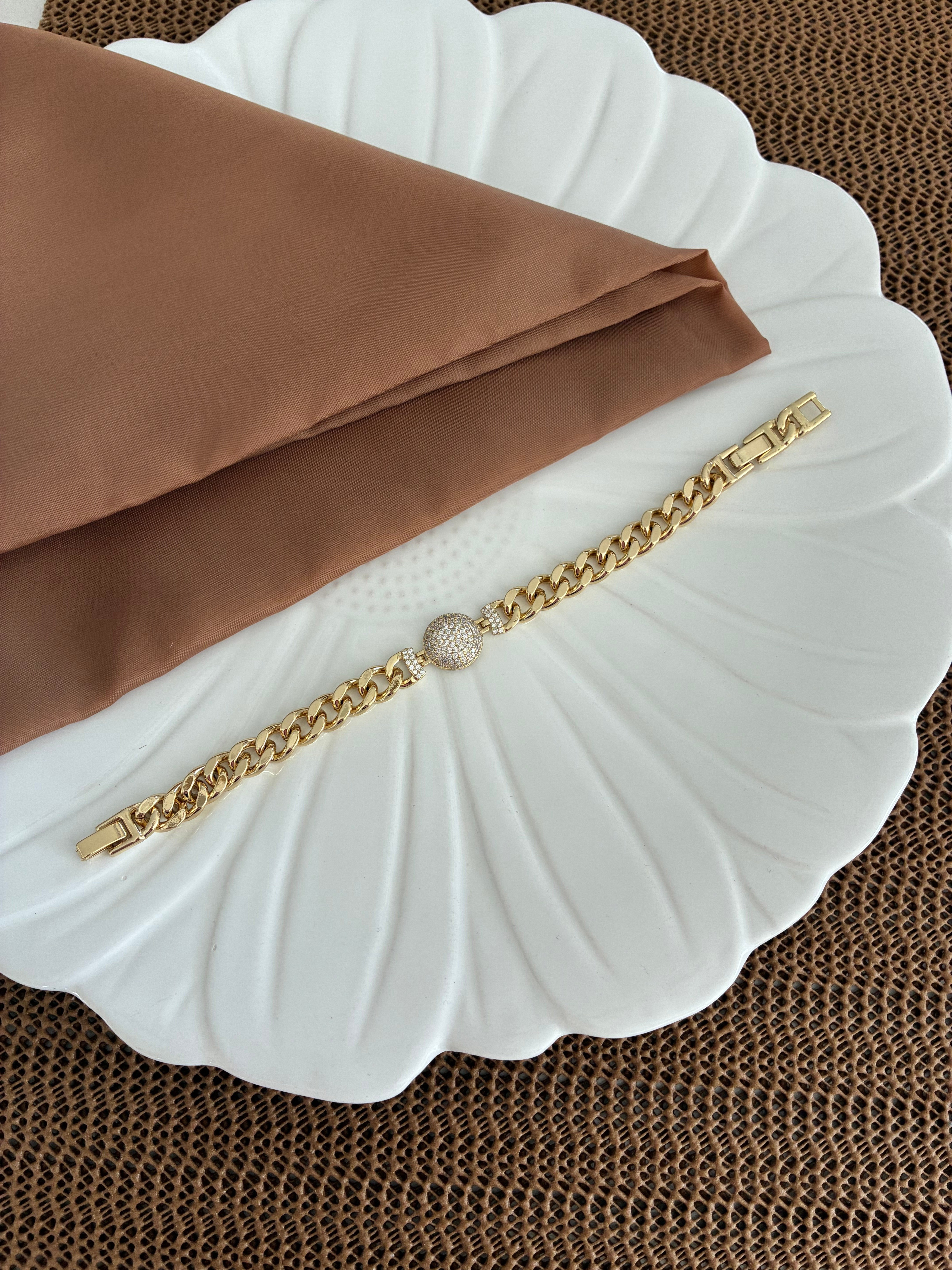 Vip Gold Klasik Zincir Zirkon Taşlı Ortası Daire Tedaylı Bileklik