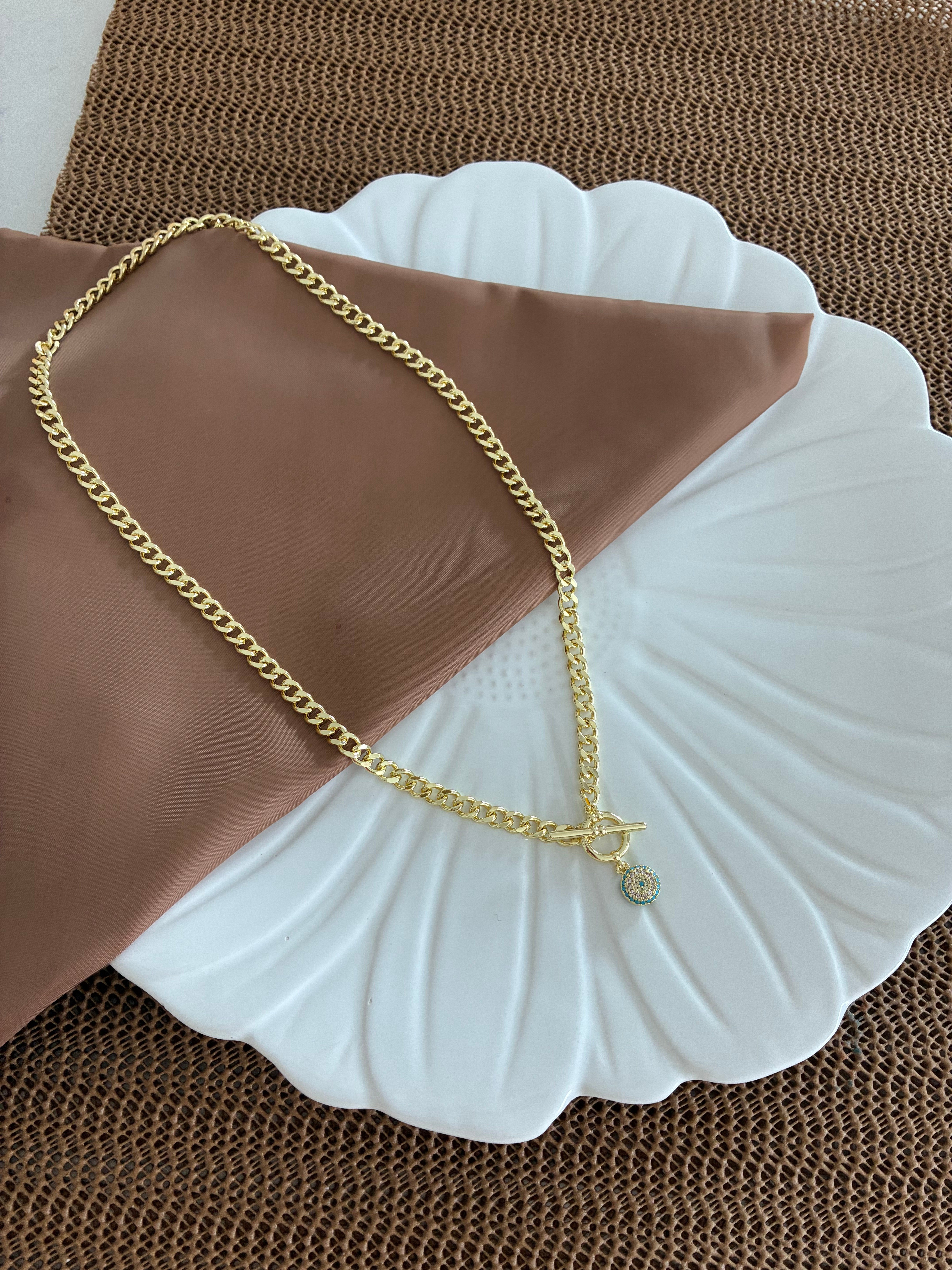 Vip Gold Klasik Zincir Zirkon Taşlı Turkuaz Nazar Kilit Uçlu Kolye