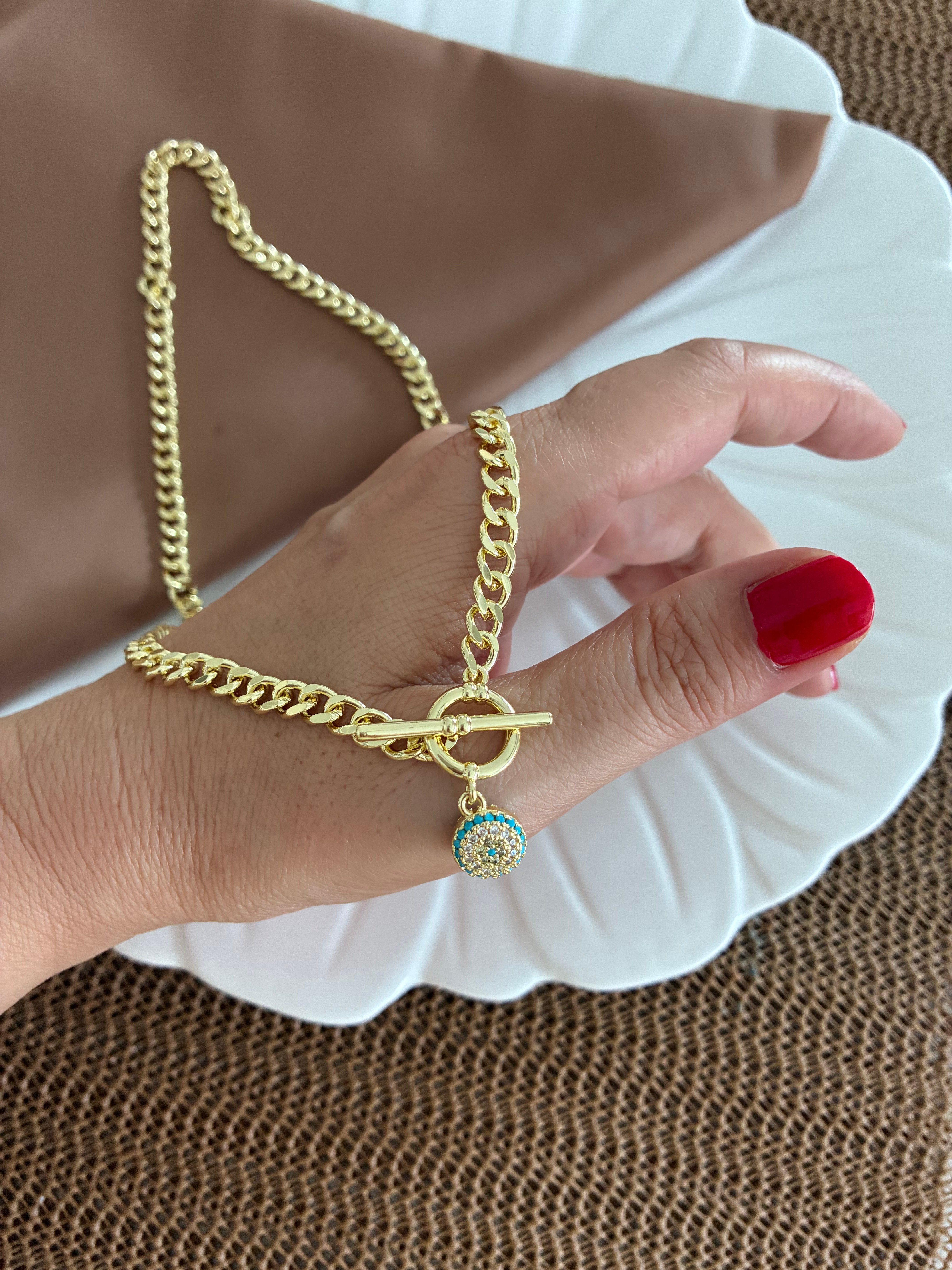 Vip Gold Klasik Zincir Zirkon Taşlı Turkuaz Nazar Kilit Uçlu Kolye