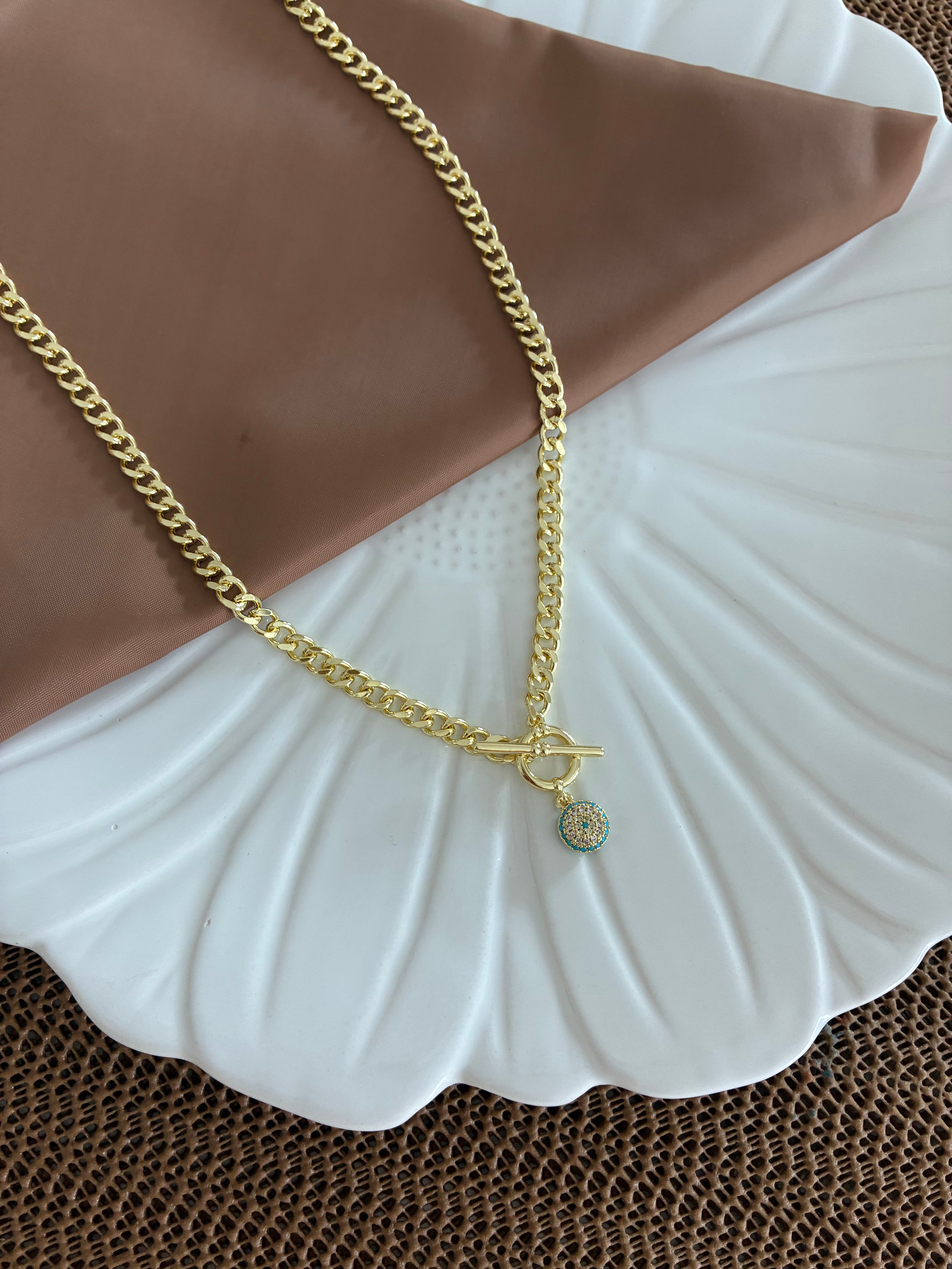 Vip Gold Klasik Zincir Zirkon Taşlı Turkuaz Nazar Kilit Uçlu Kolye