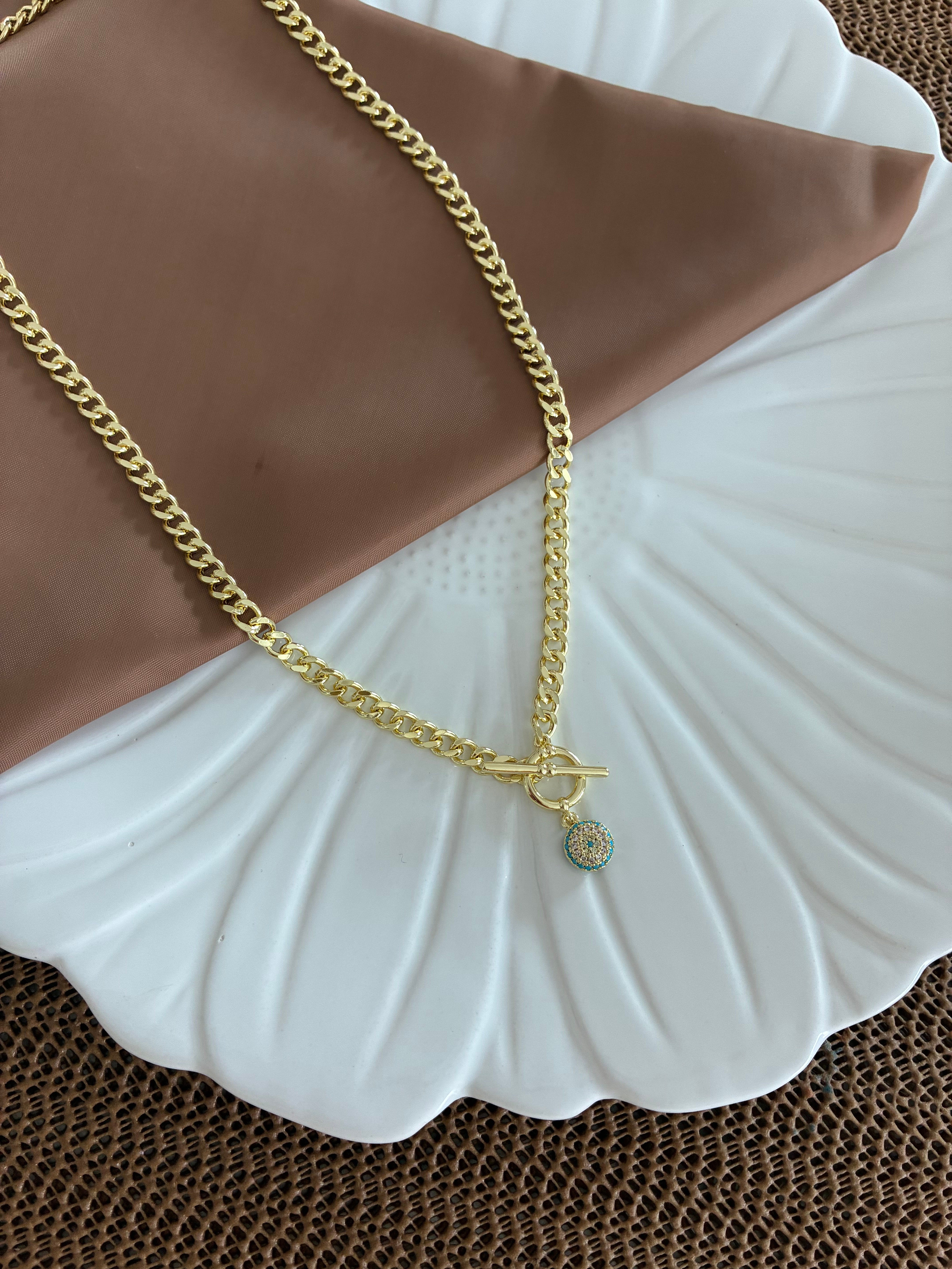 Vip Gold Klasik Zincir Zirkon Taşlı Turkuaz Nazar Kilit Uçlu Kolye