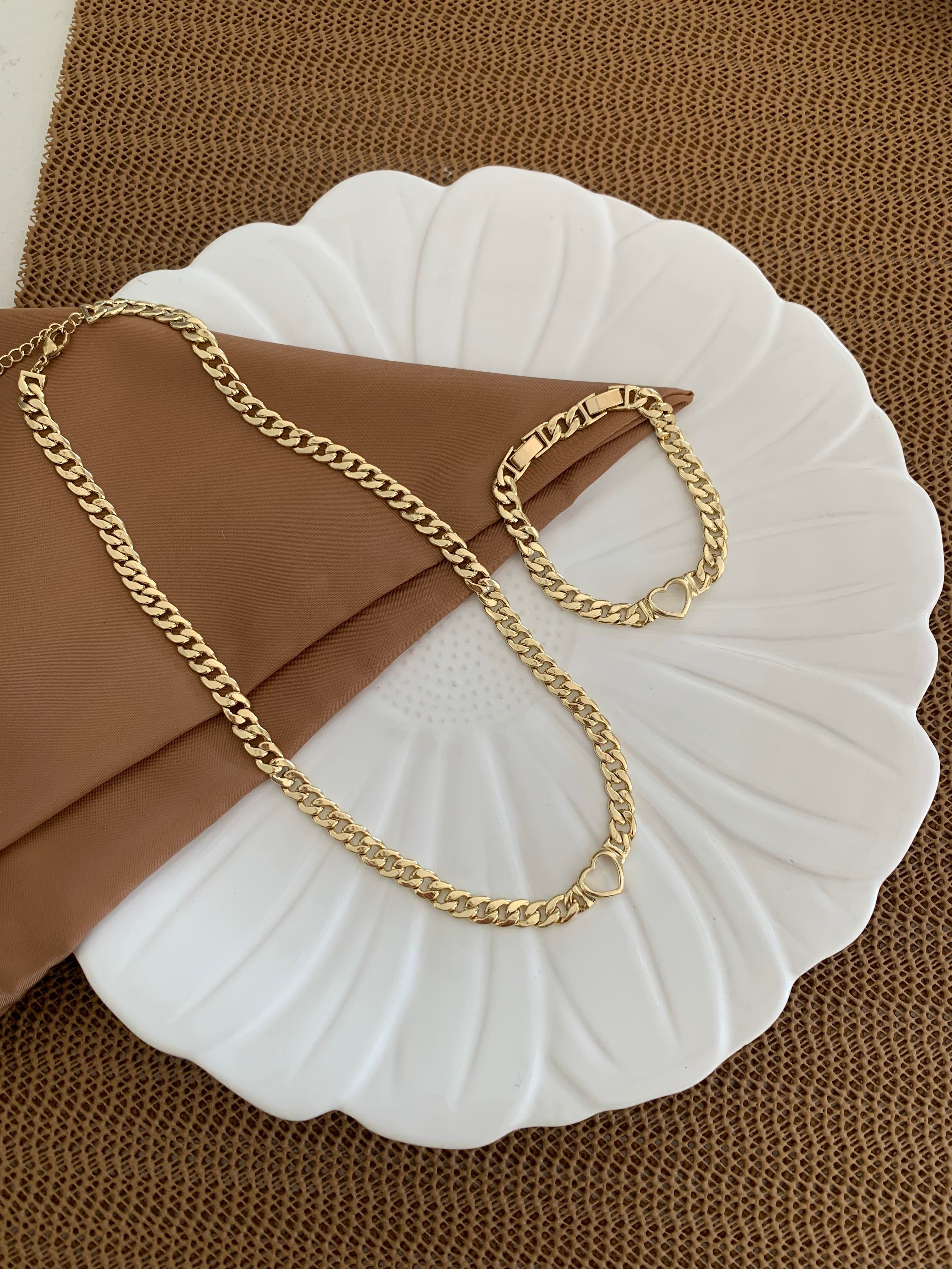 Vip Gold Klasik Zincirli Kalp Kolye Bileklik Set