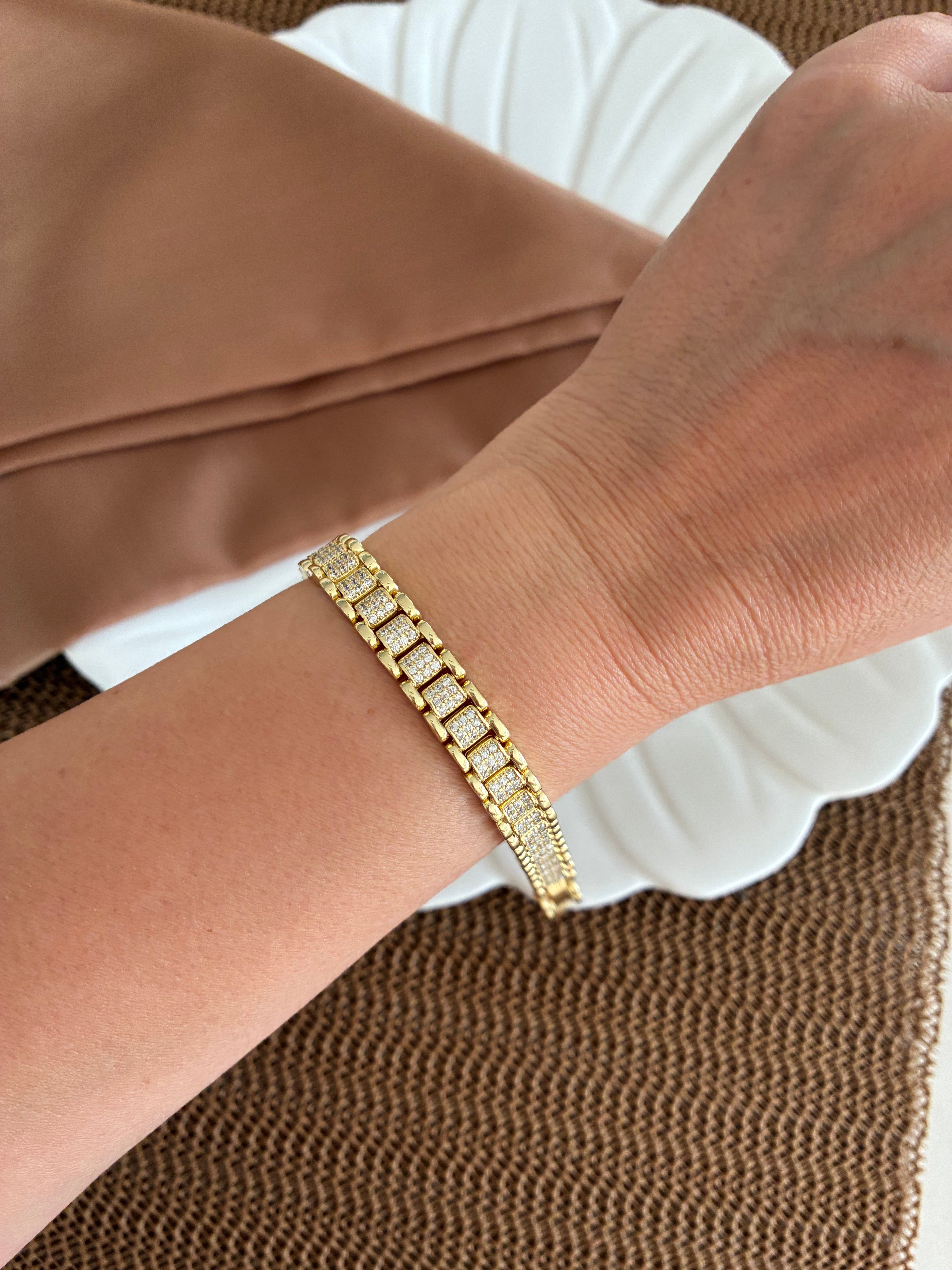 Vip Gold Komple Zirkon Taşlı İnce Kare Sıralı Bileklik