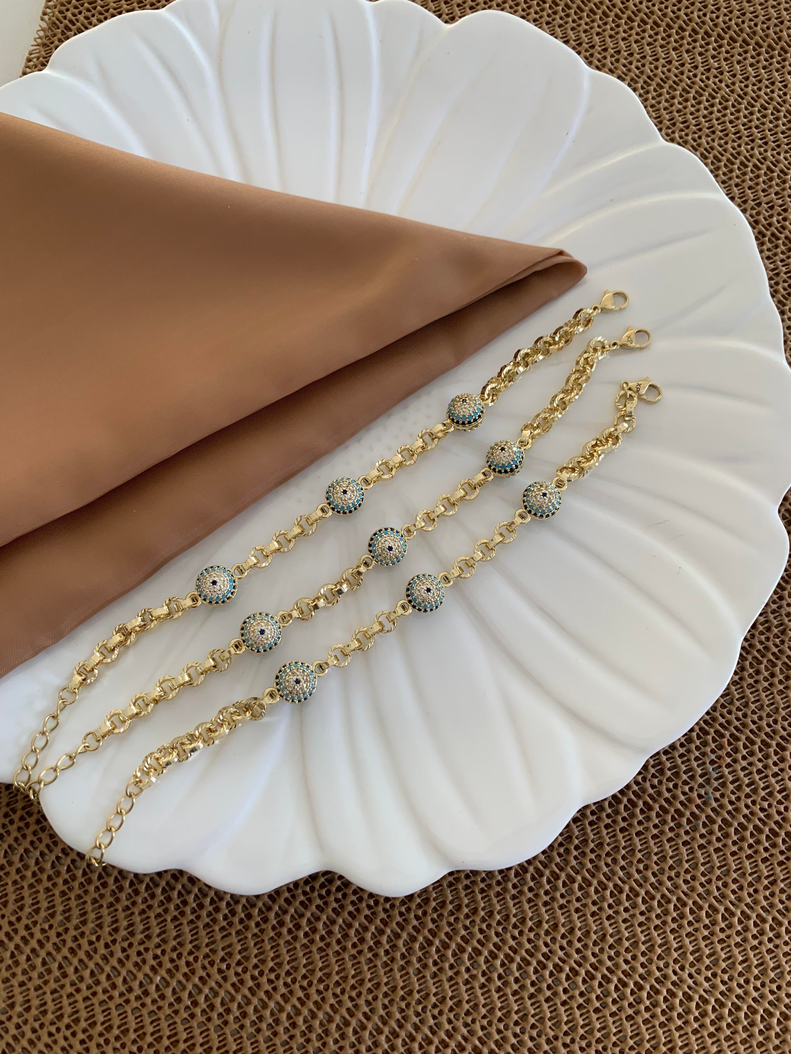 Vip Gold Mavi Nazar Top Sıralı Bileklik