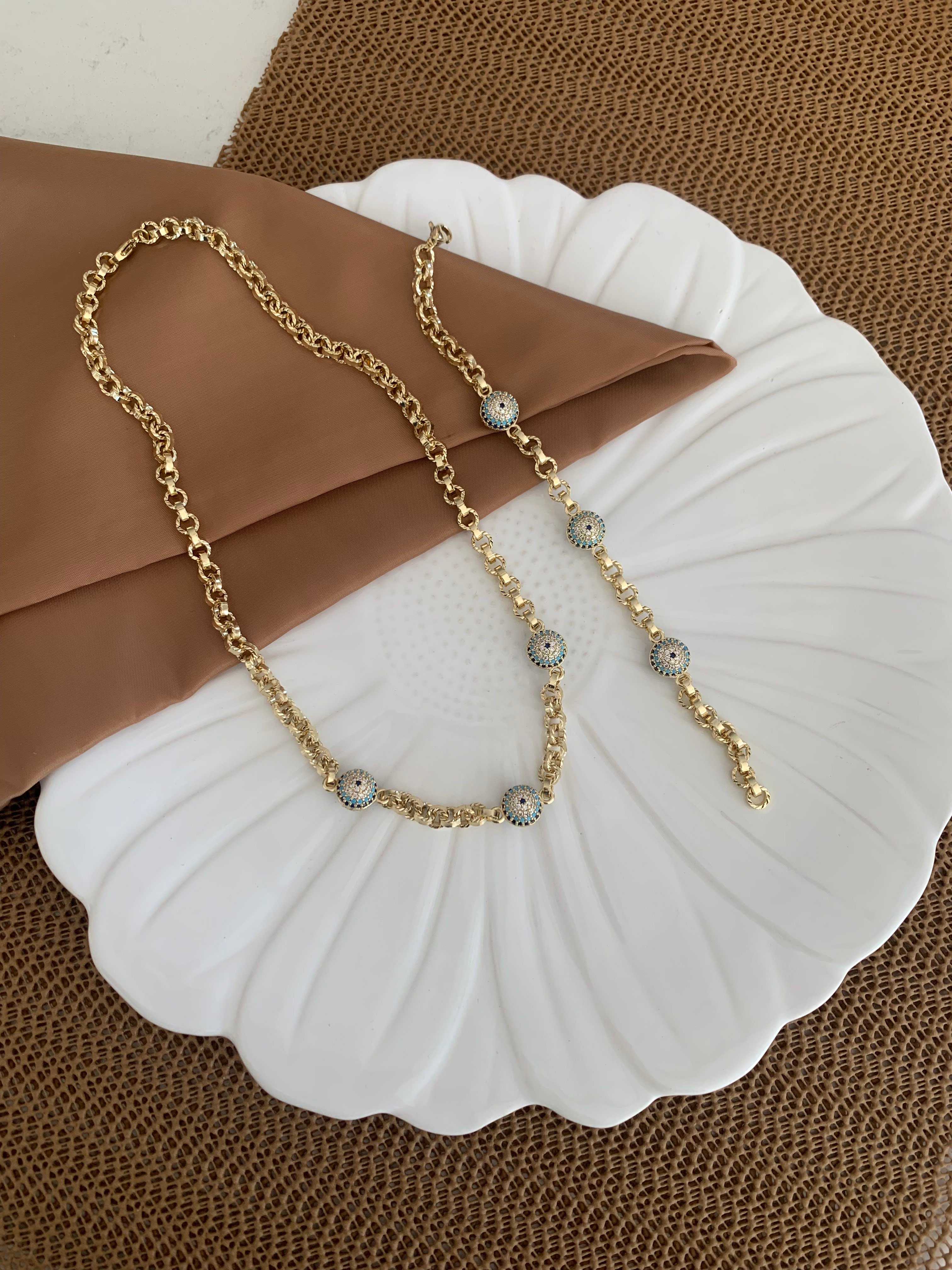 Vip Gold Mavi Nazar Top Sıralı Bileklik Set Kolye