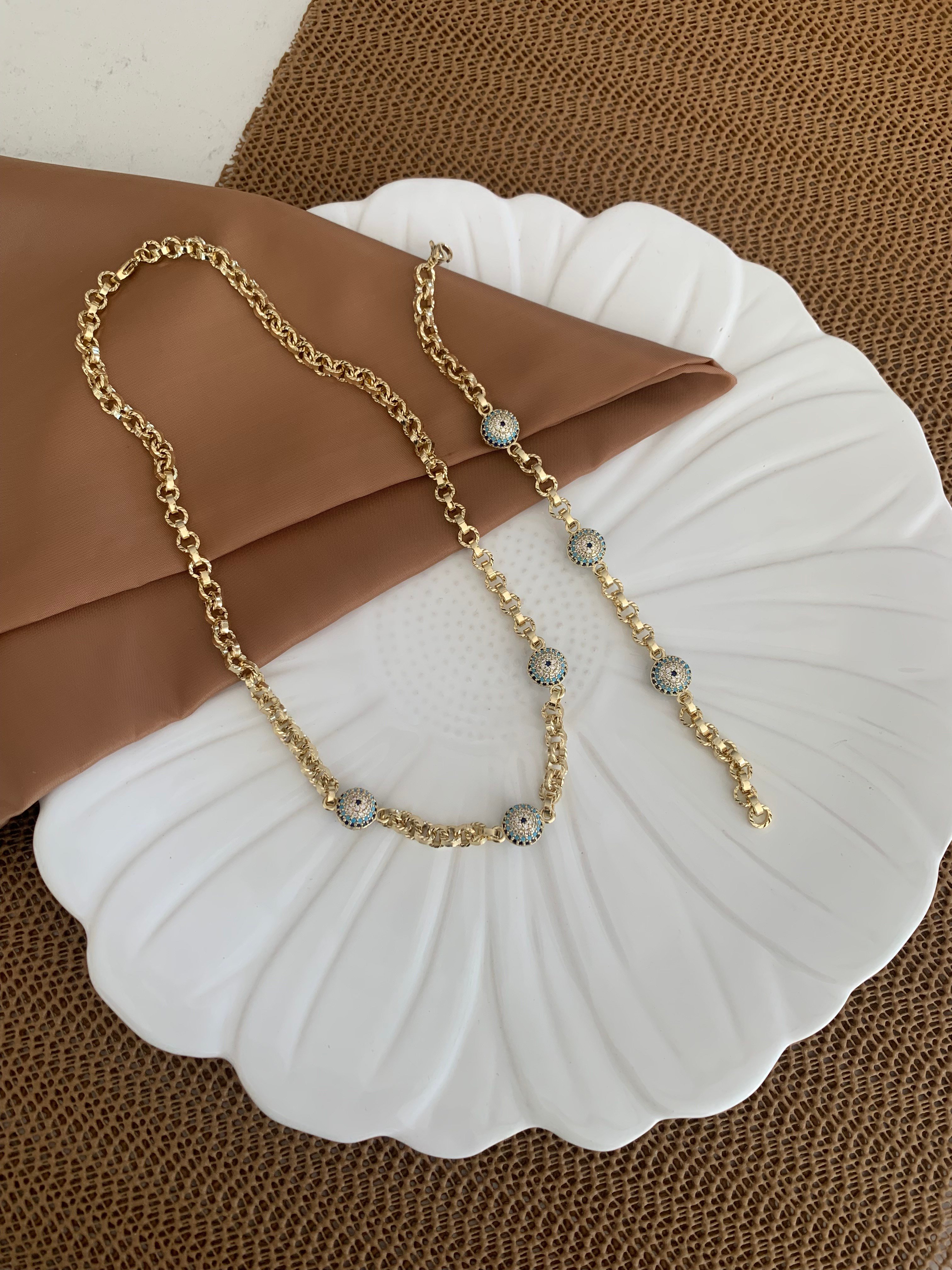Vip Gold Mavi Nazar Top Sıralı Bileklik Set Kolye