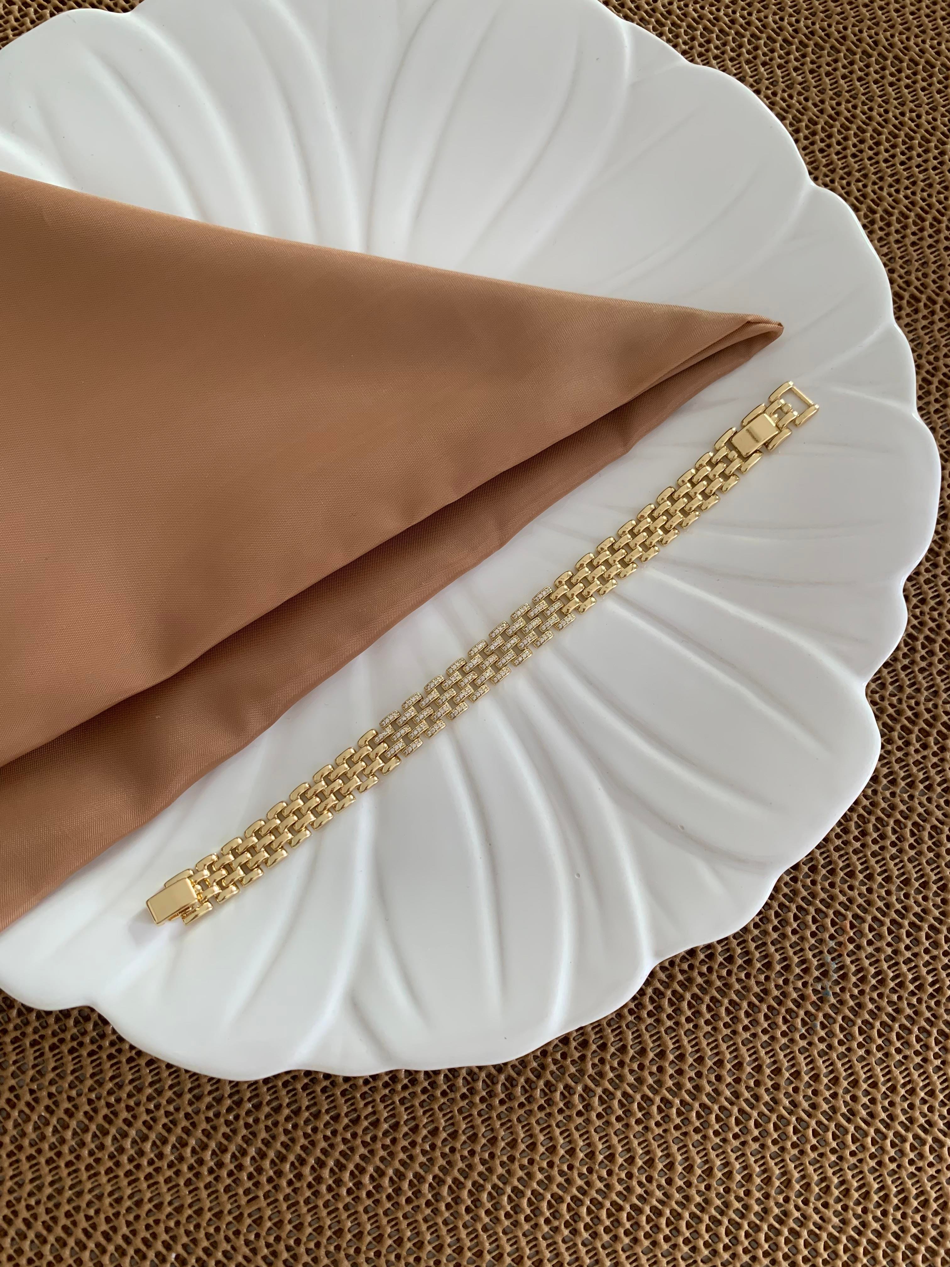 Vip Gold Ortası Zirkon Taşlı Hasır Bileklik