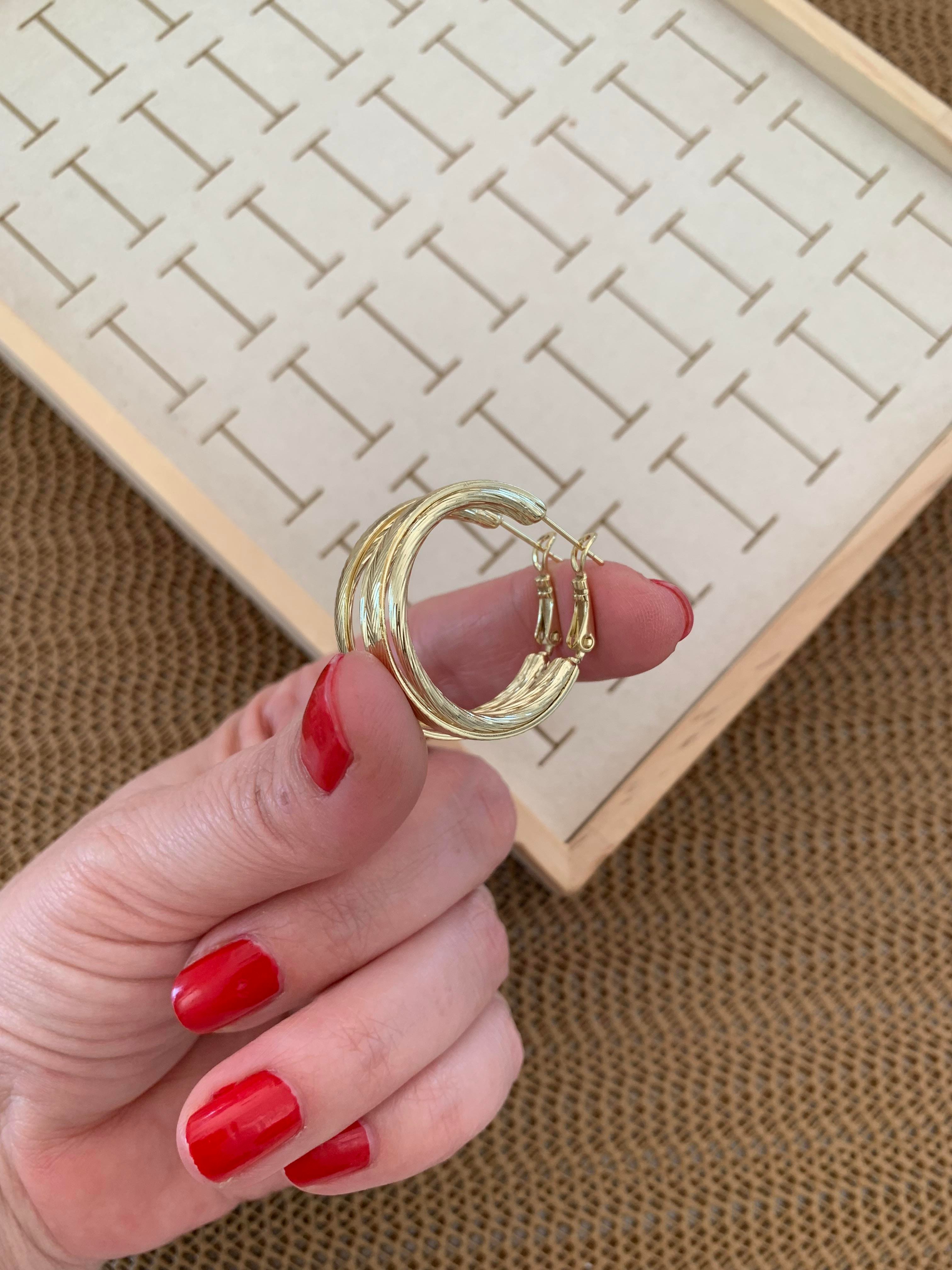 Vip Gold Pırıltılı Üç Sıra Halka Tasarım Küpe