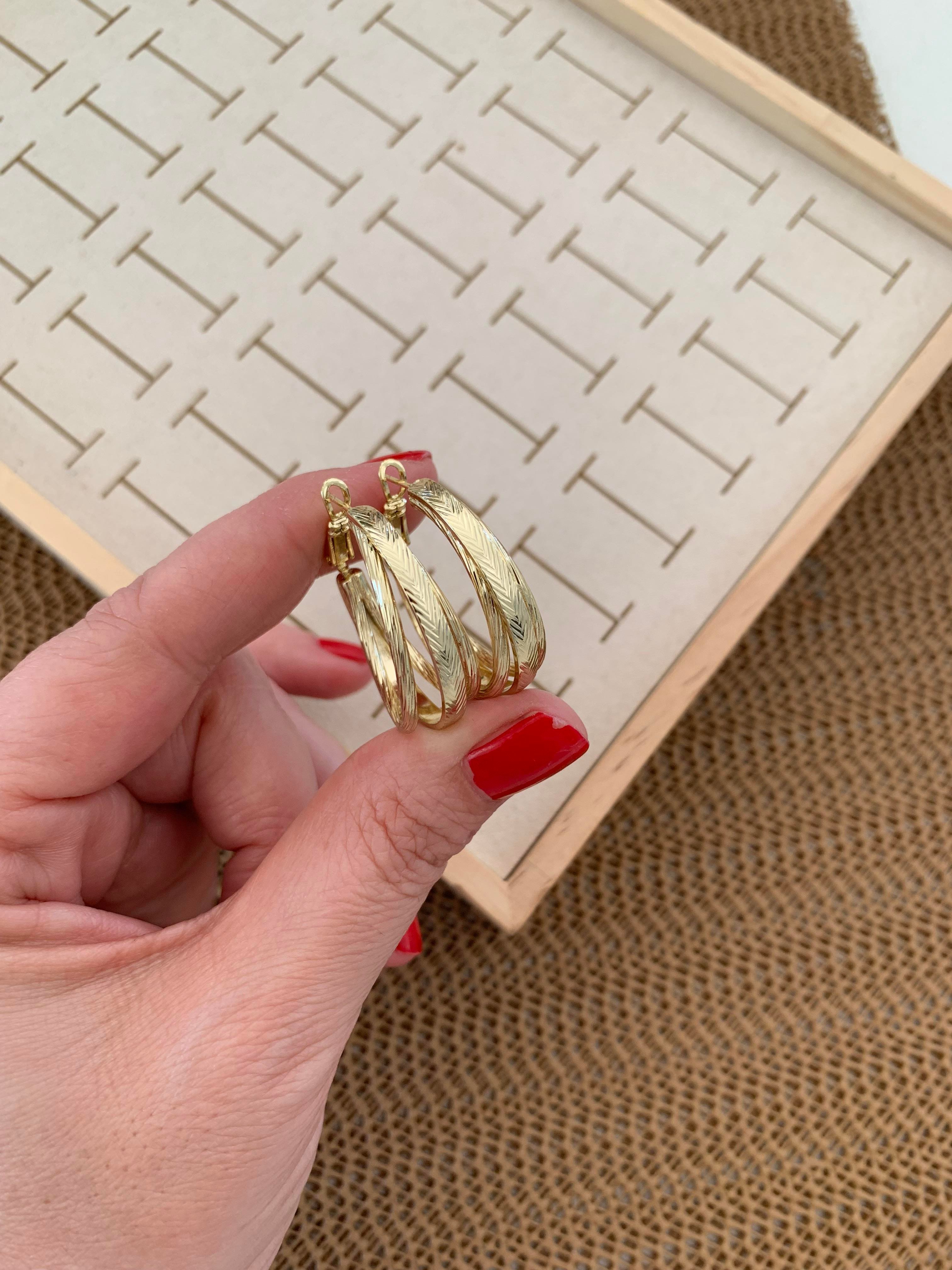 Vip Gold Pırıltılı Üç Sıra Halka Tasarım Küpe
