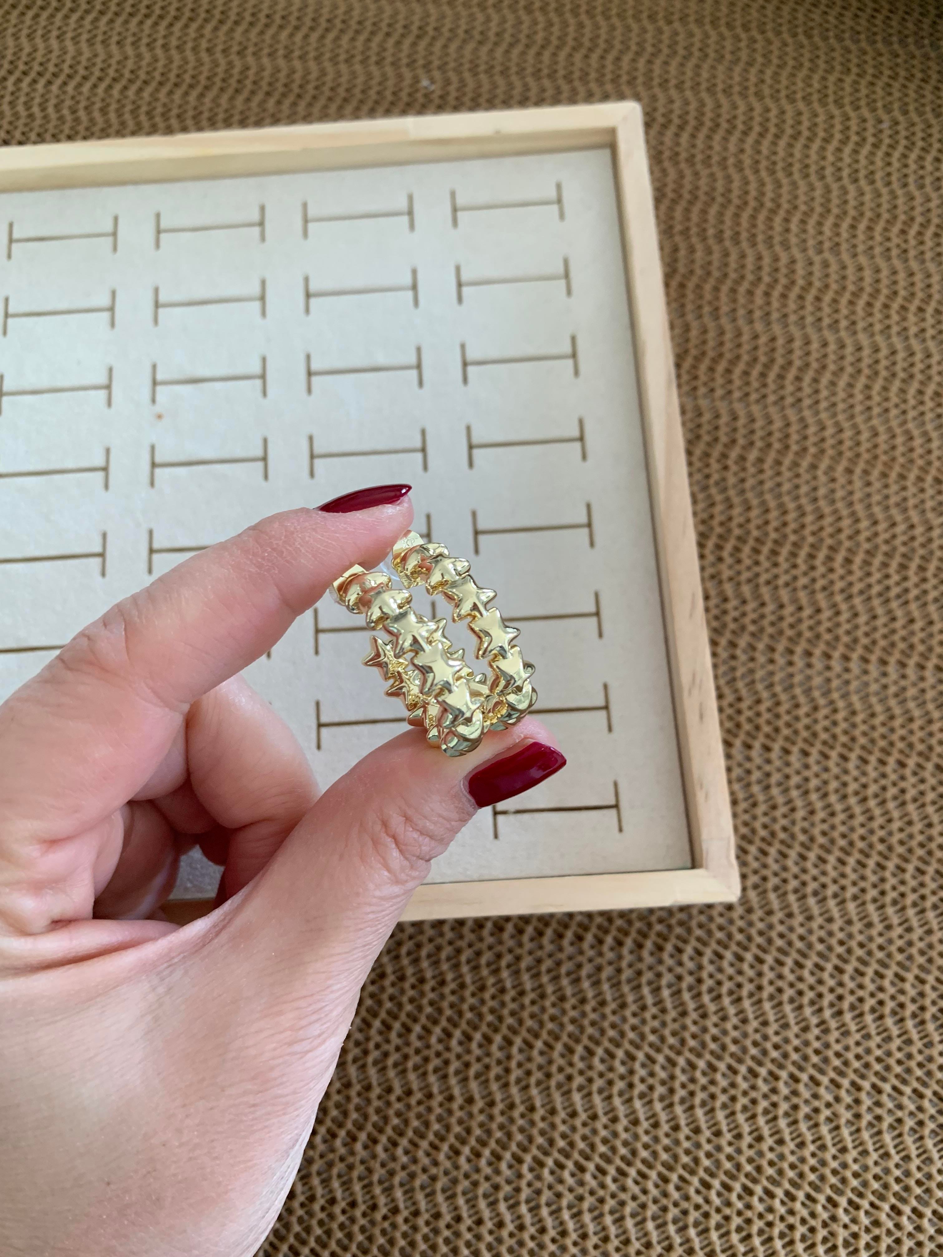 Vip Gold Plaka Yıldız Sıralı Ay Küpe