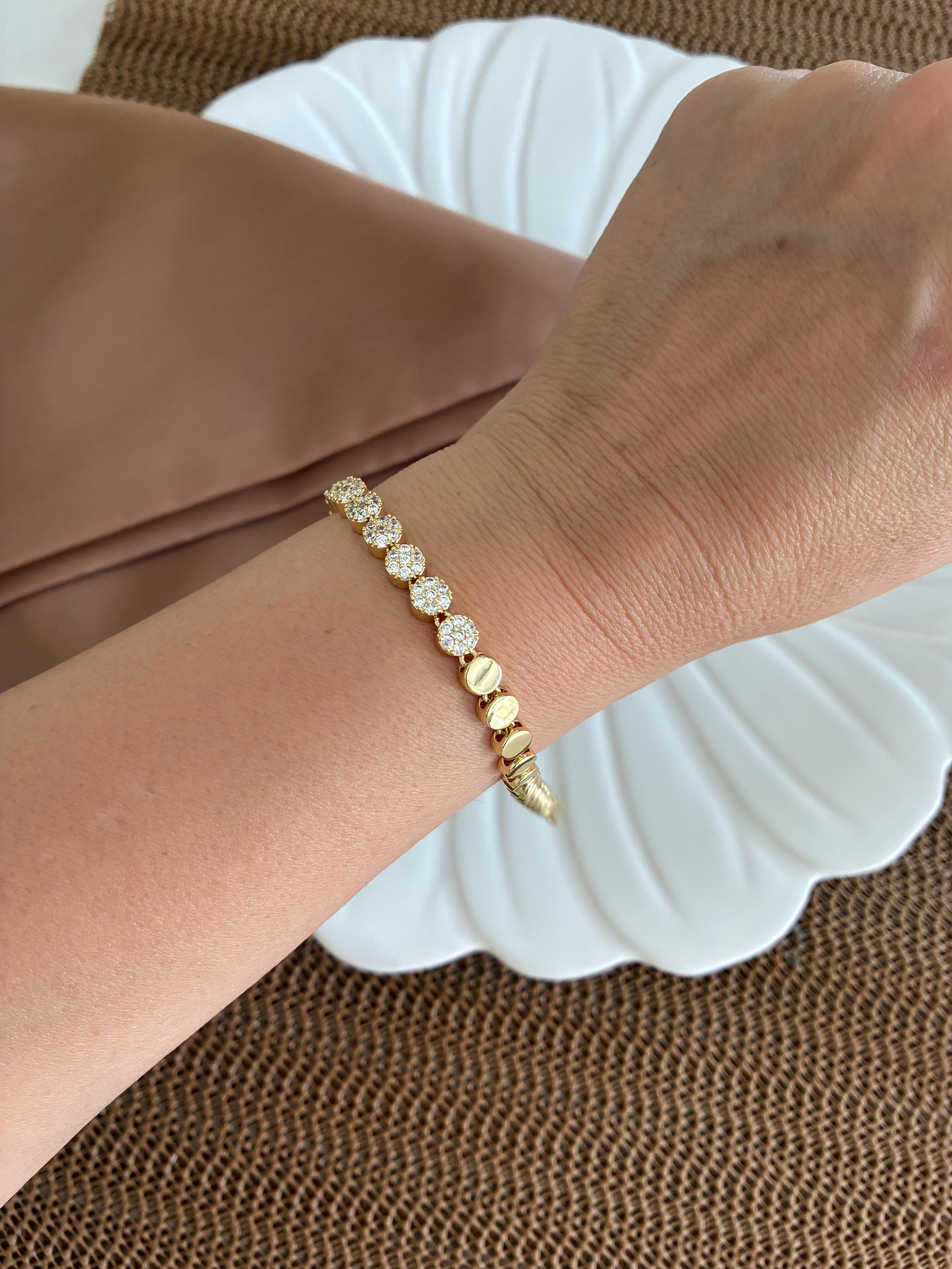 Vip Gold Plaka Zirkon Taşlı Büyük Daire  Sıralı Bileklik