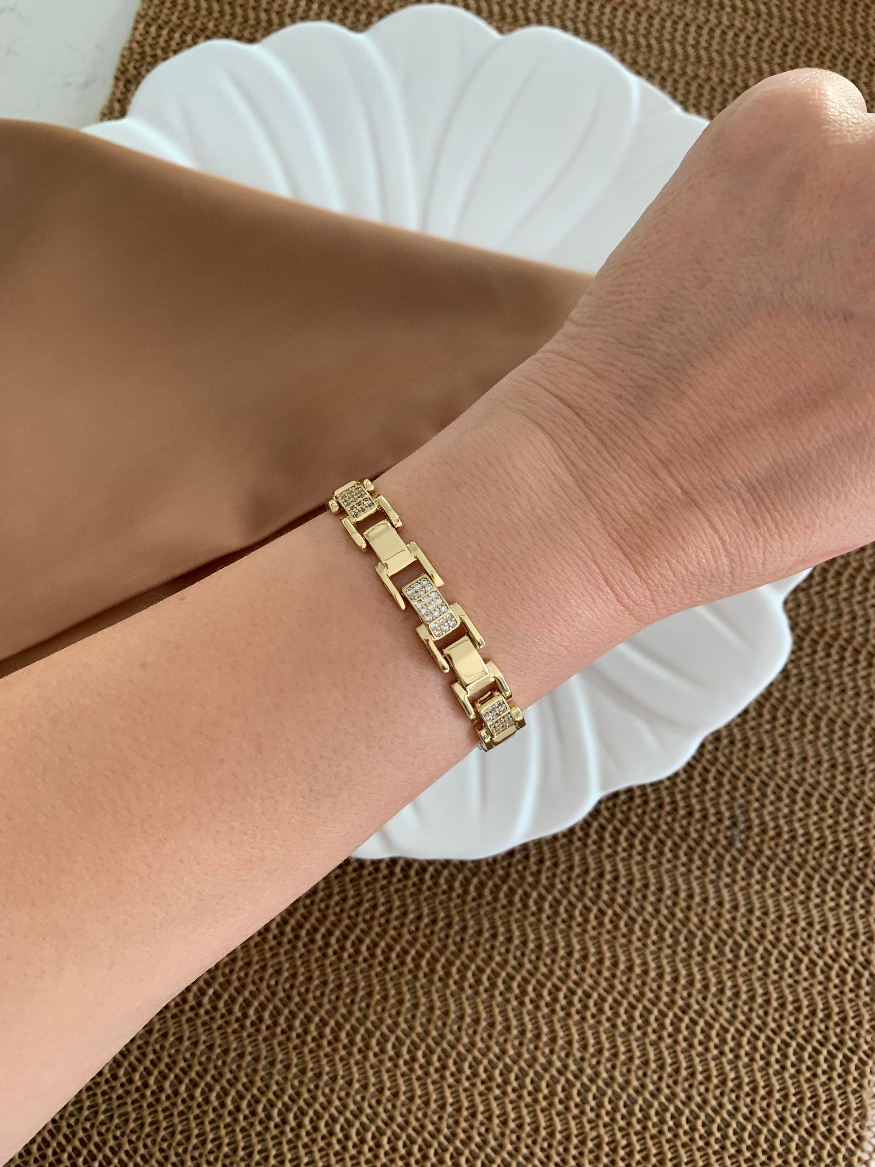 Vip Gold Plaka Zirkon Taşlı İç İçe Geçme Kare Bileklik