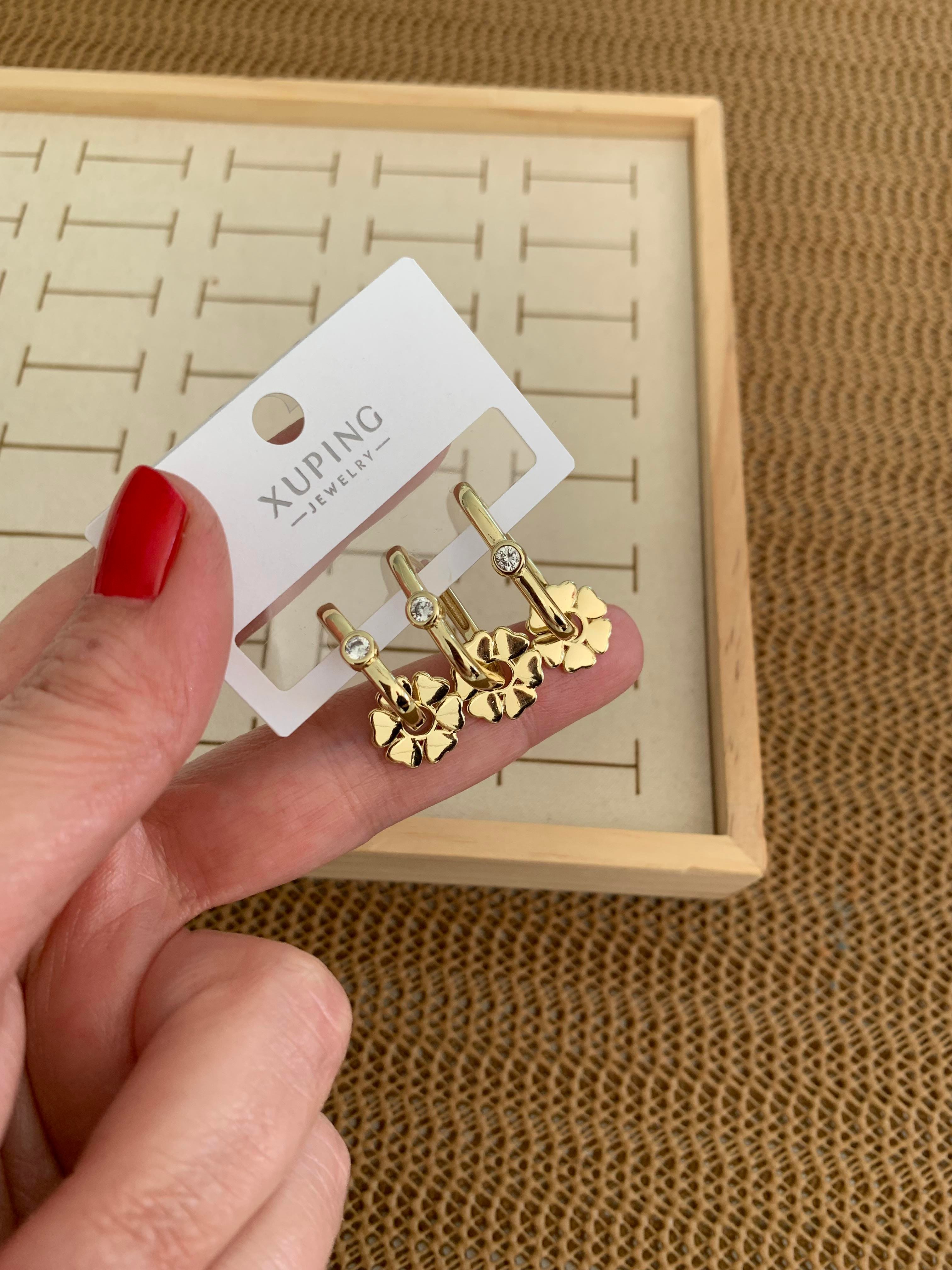 Vip Gold Tek Taşlı Dikdörtgen Yonca Üçlü Set Küpe