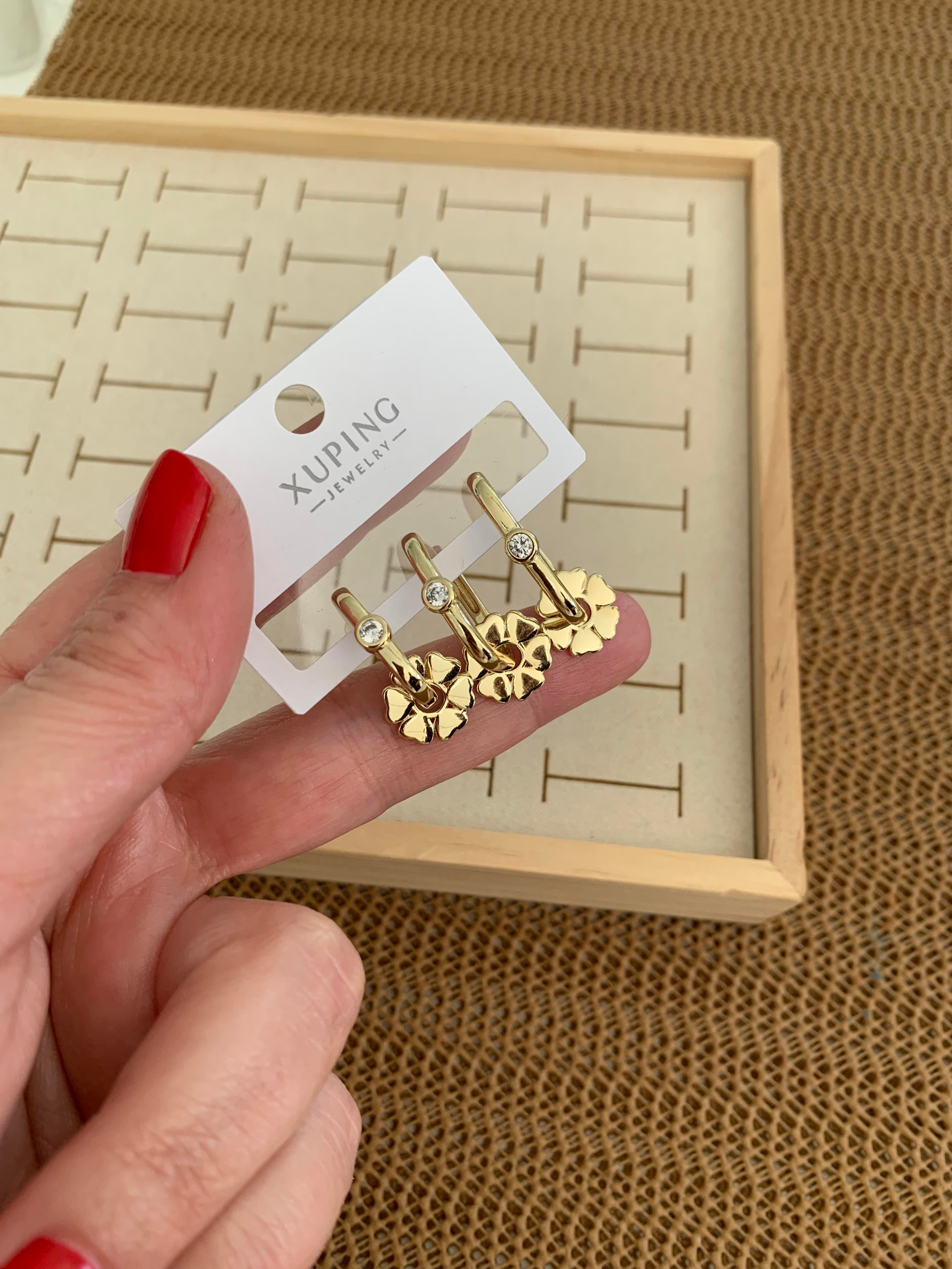 Vip Gold Tek Taşlı Dikdörtgen Yonca Üçlü Set Küpe