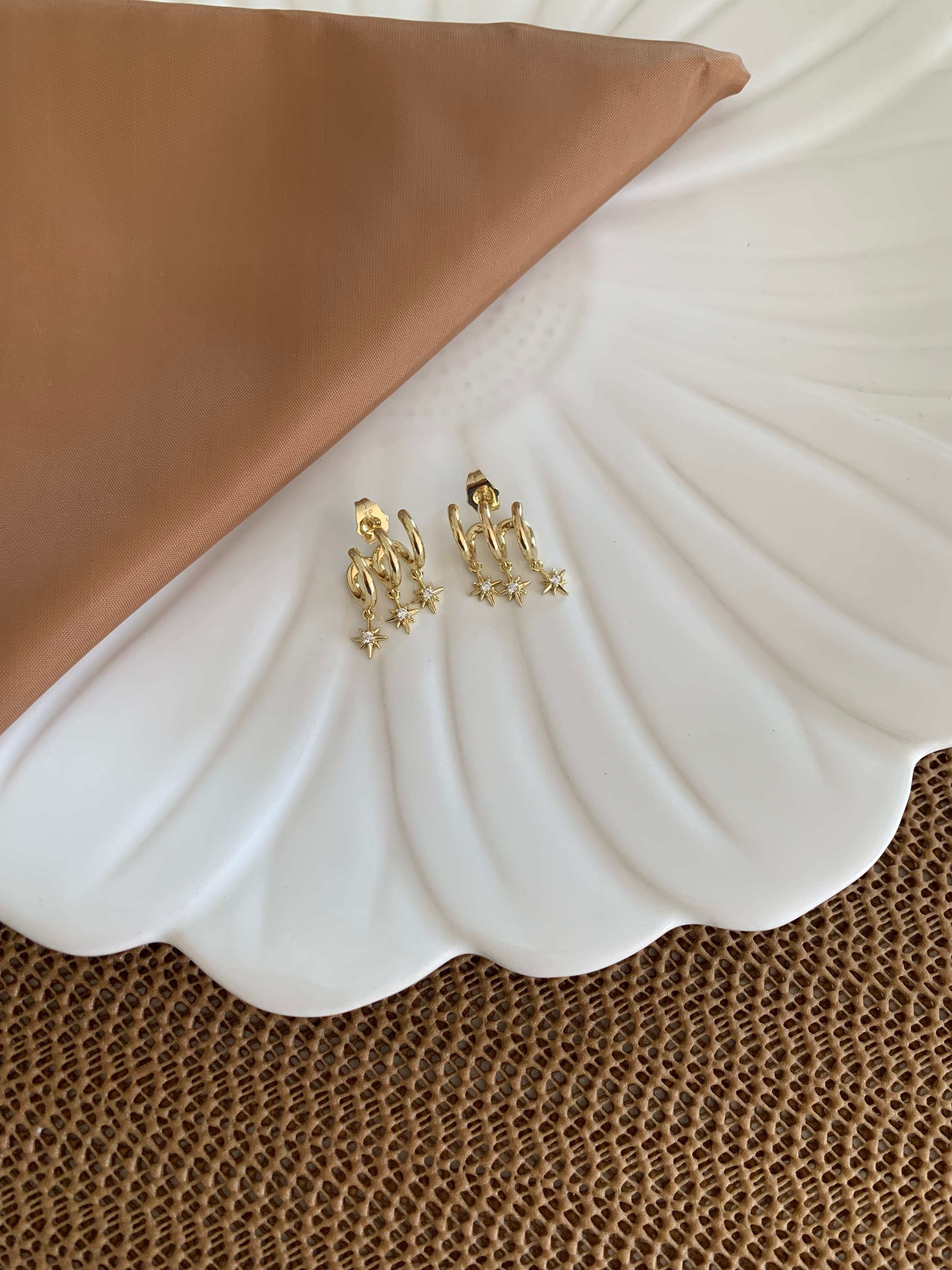 Vip Gold Tek Taşlı Kutup Yıldız Sallantılı Tasarım Küpe