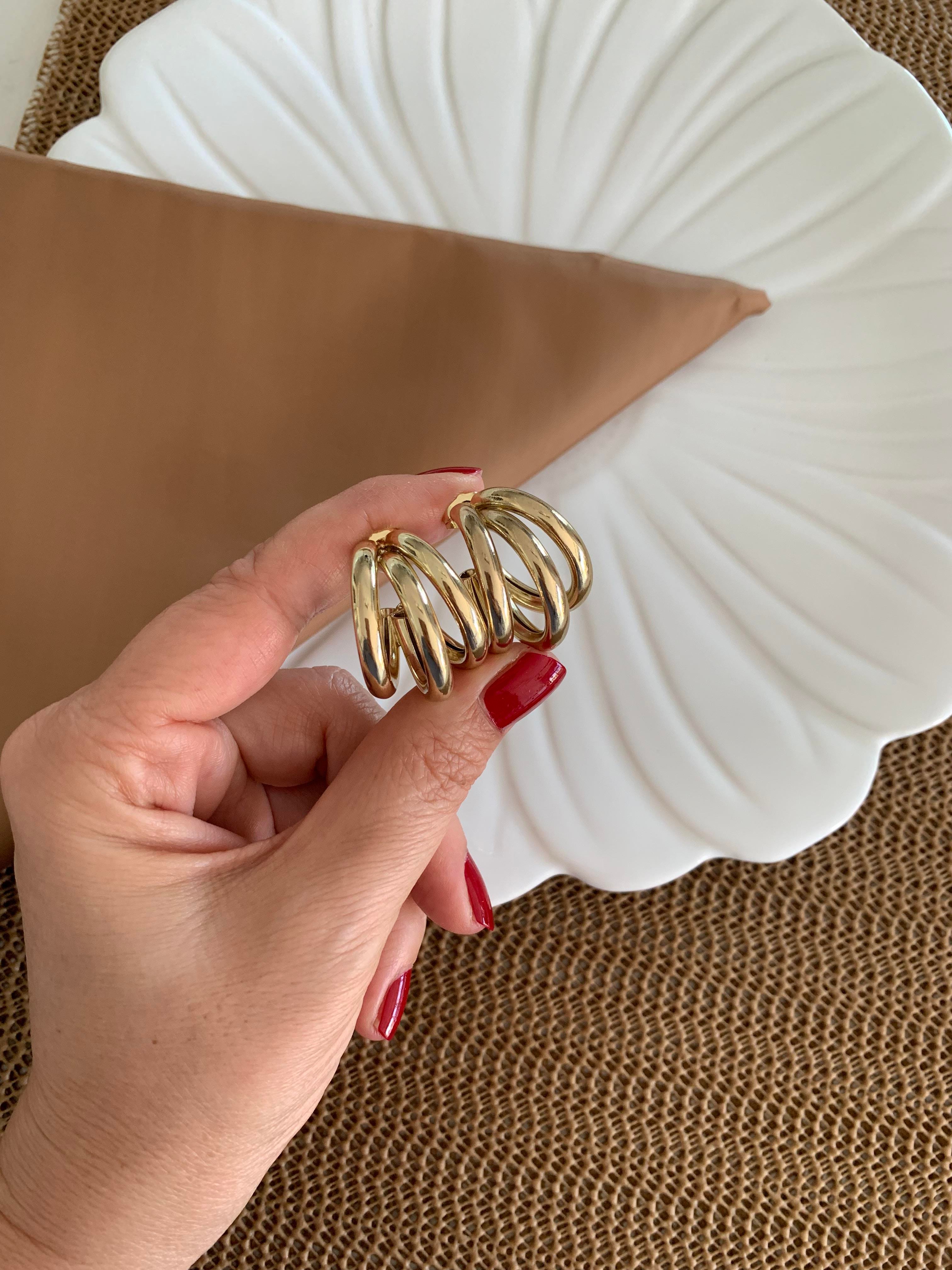 Vip Gold Üç Sıra Kalın Bombeli Boru Ay Halka Küpe