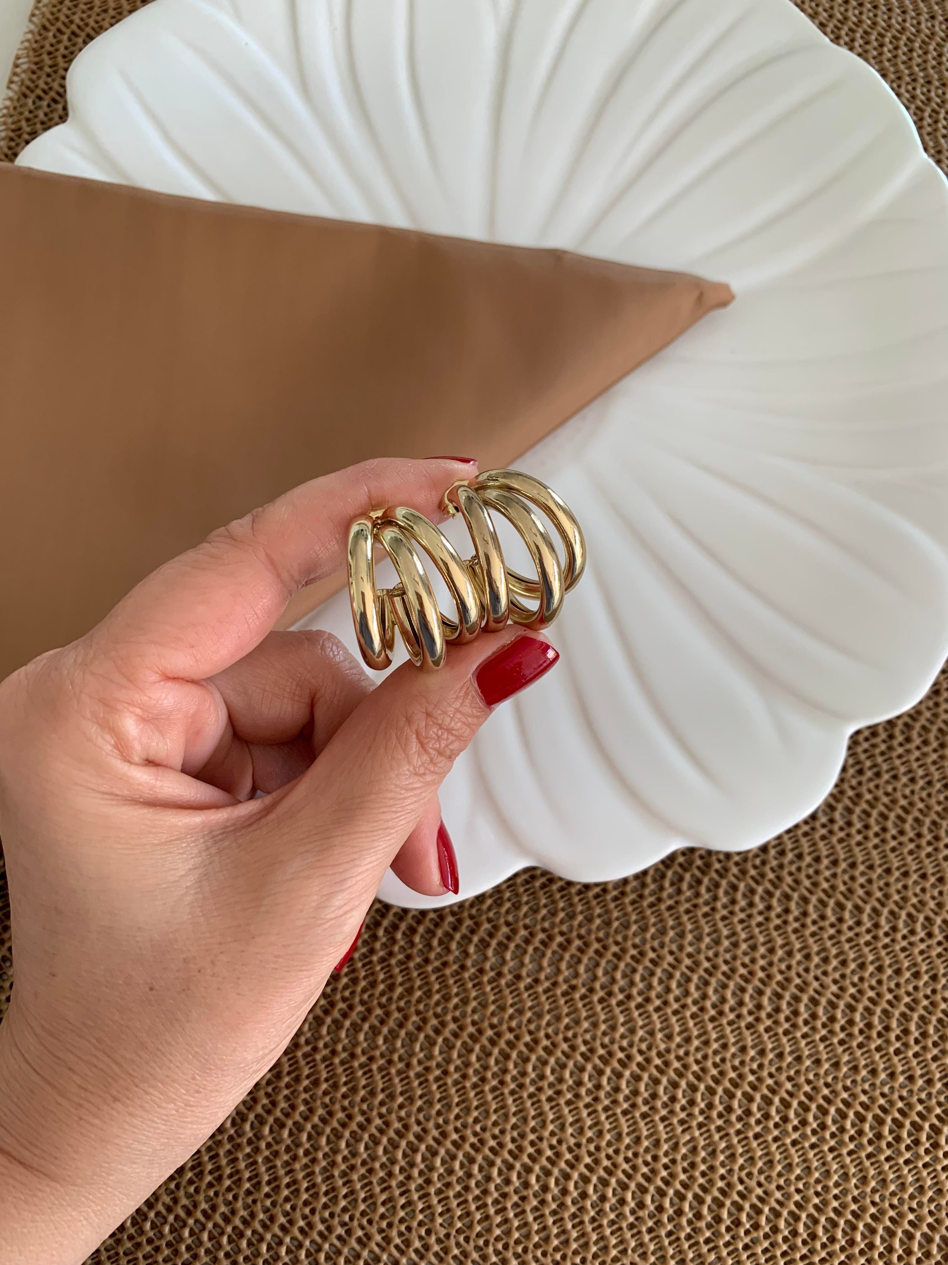 Vip Gold Üç Sıra Kalın Bombeli Boru Ay Halka Küpe