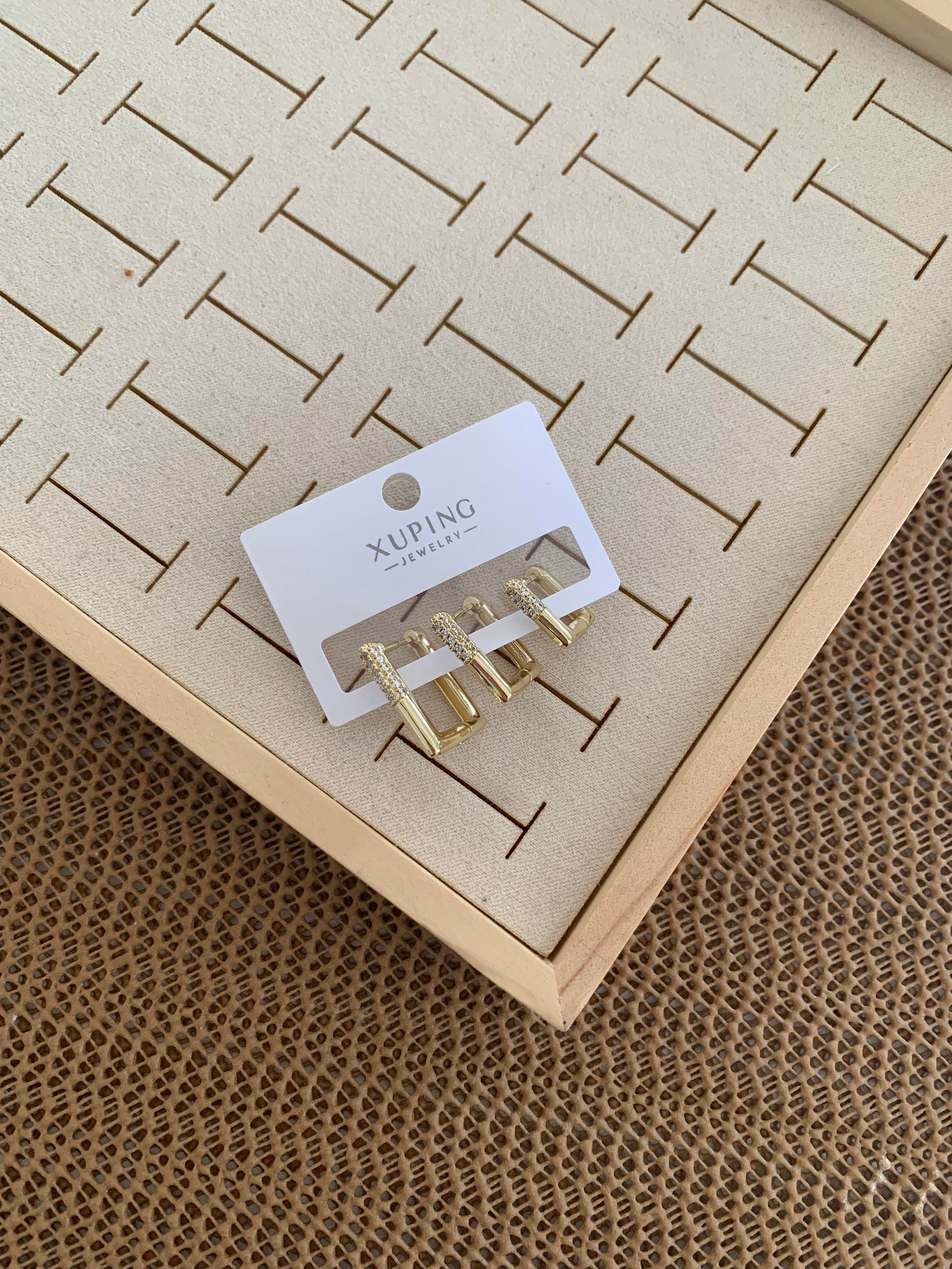Vip Gold Zirkon Taşı Kare Üçlü Set Halka Küpe