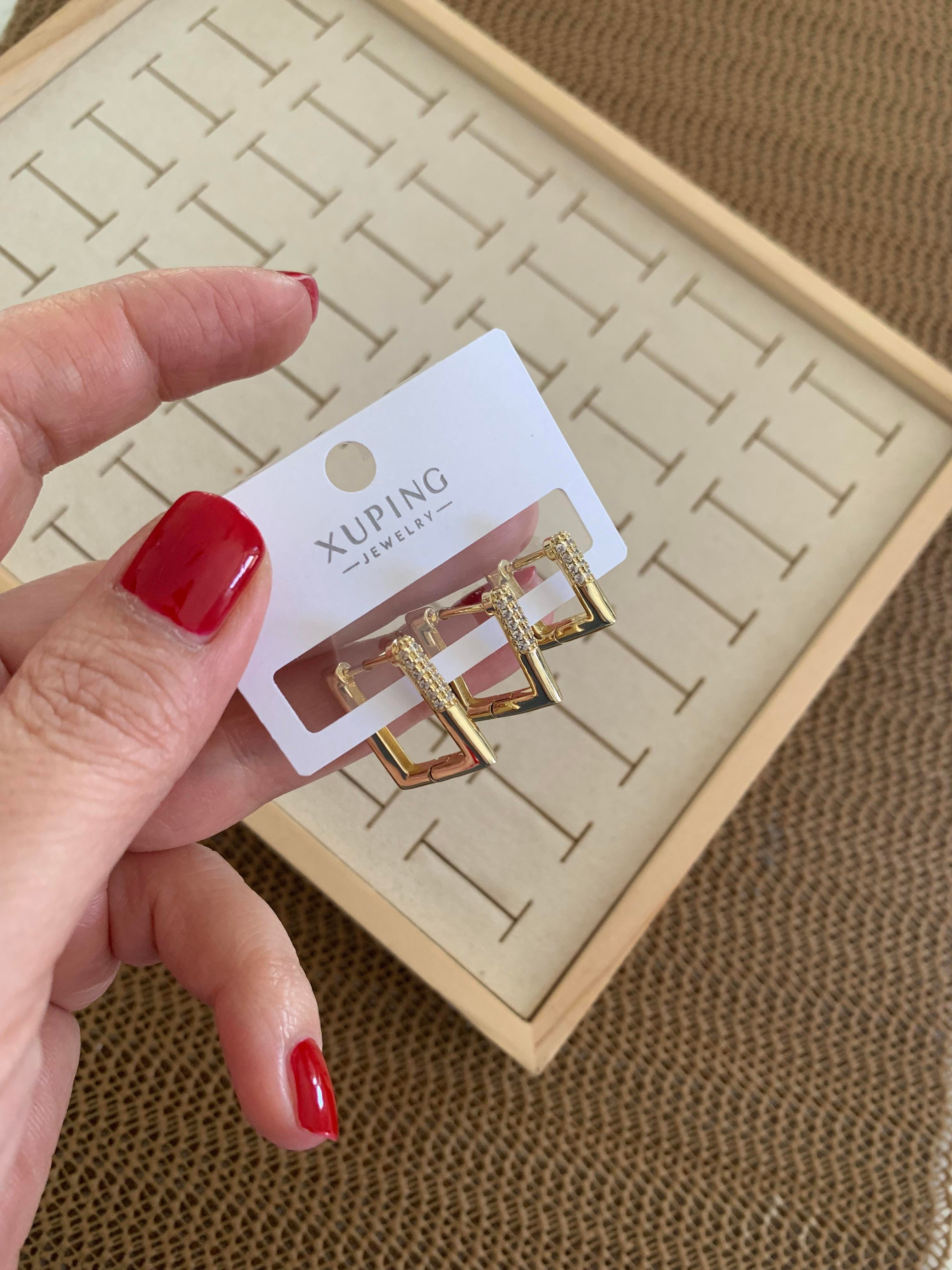 Vip Gold Zirkon Taşı Kare Üçlü Set Halka Küpe