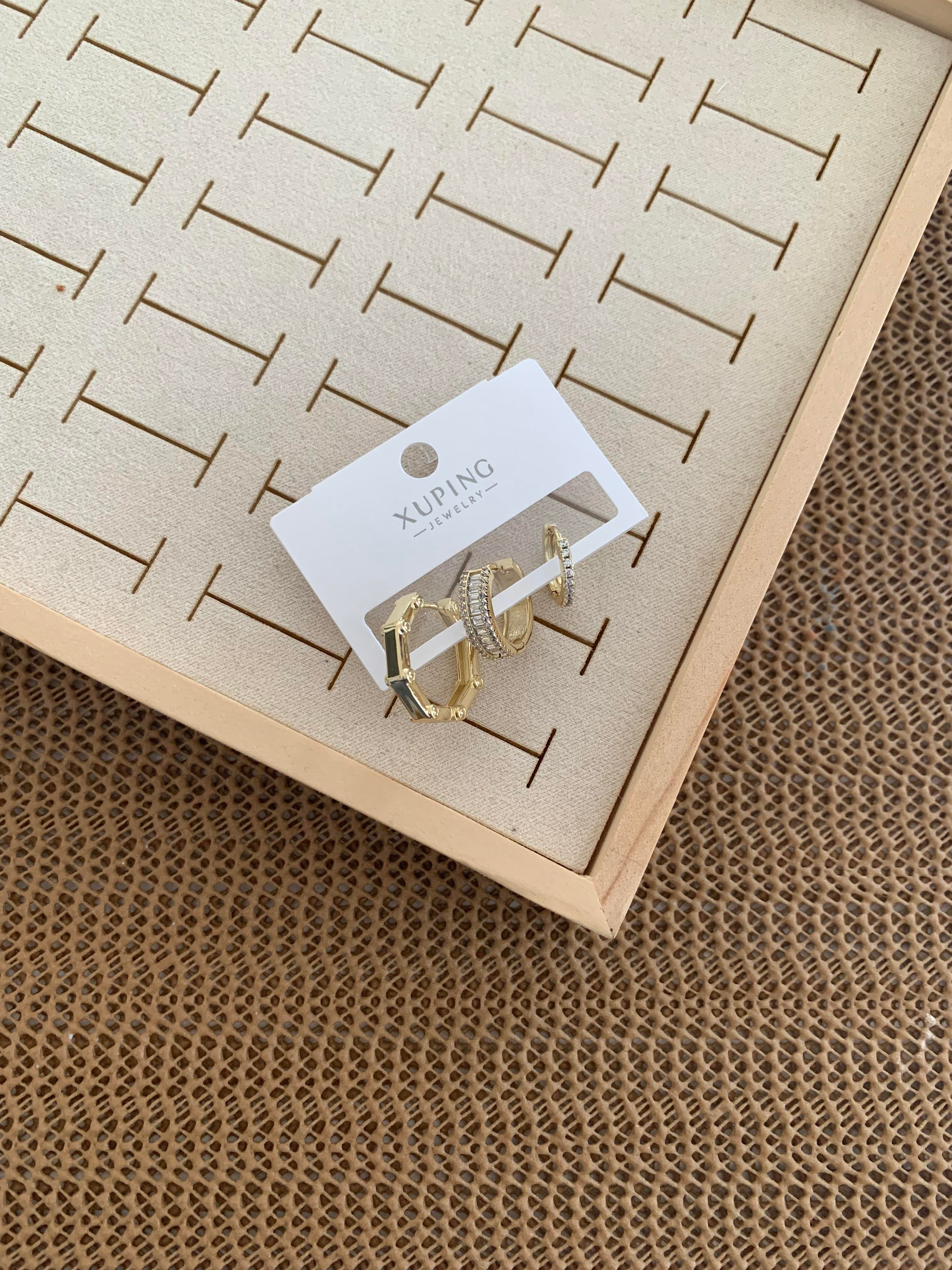 Vip Gold Zirkon Taşlı Altıgen Üçlü Set Halka Küpe