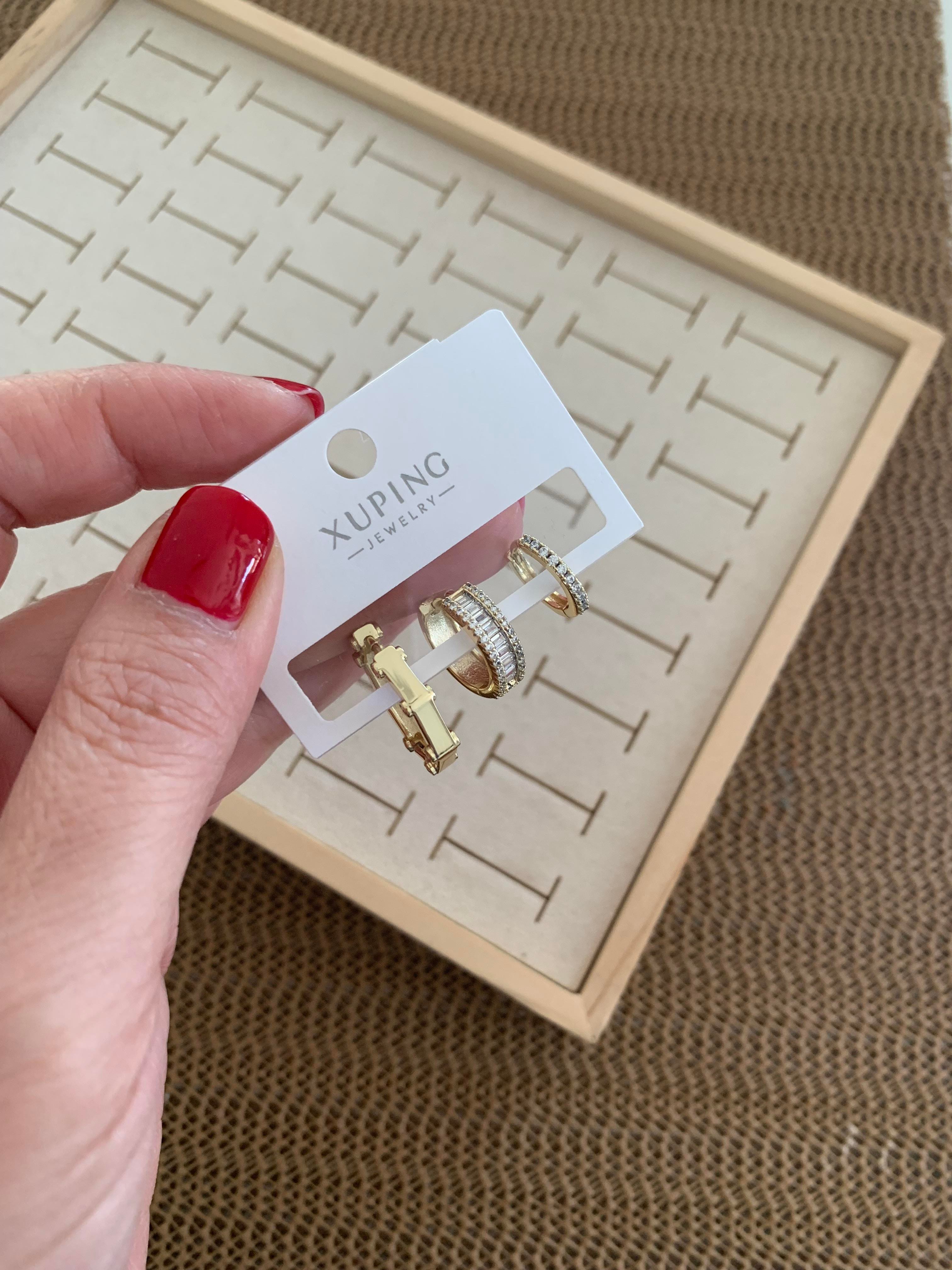 Vip Gold Zirkon Taşlı Altıgen Üçlü Set Halka Küpe