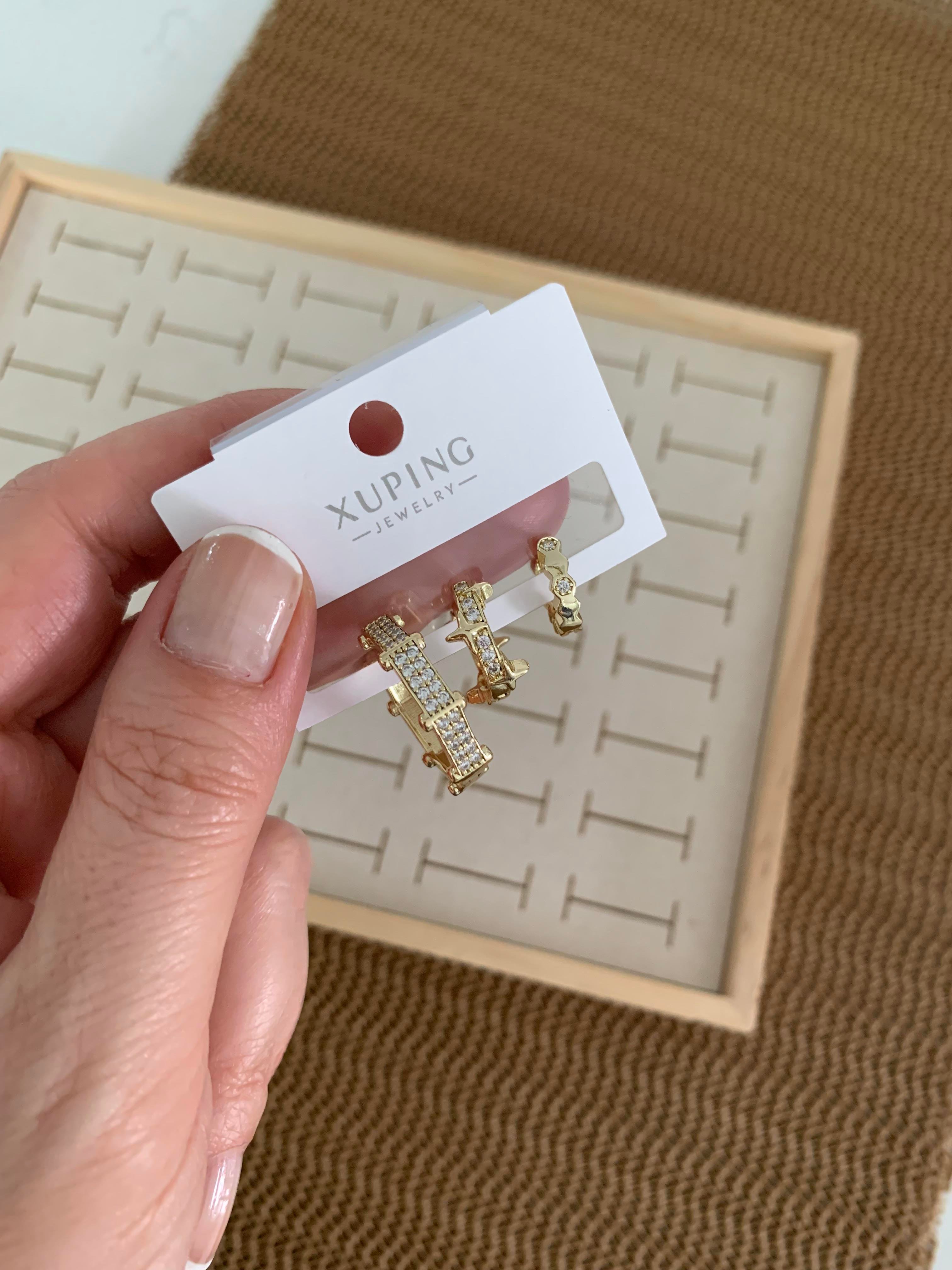 Vip Gold Zirkon Taşlı Biyeli Üçlü Set Halka Küpe