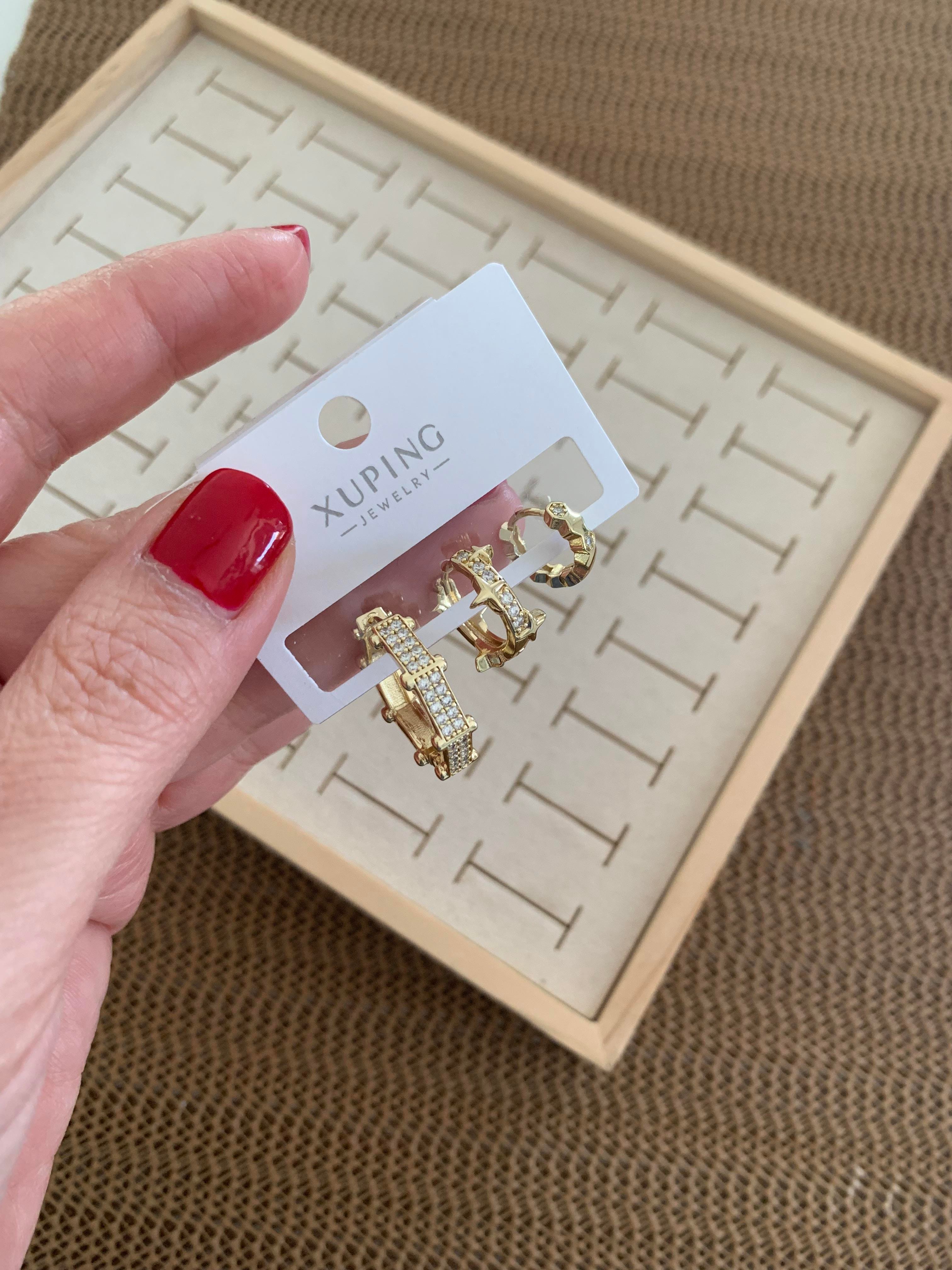Vip Gold Zirkon Taşlı Biyeli Üçlü Set Halka Küpe