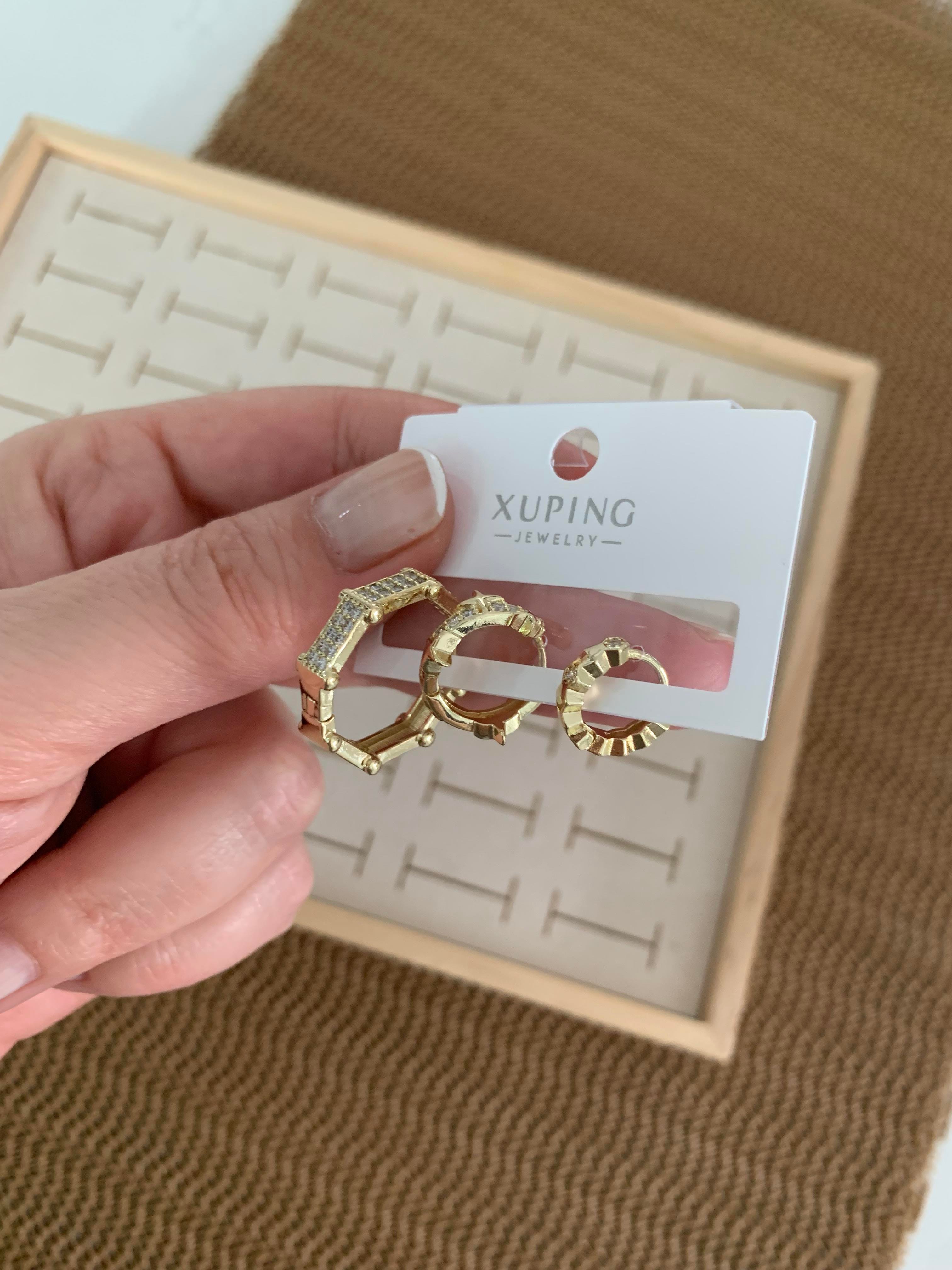 Vip Gold Zirkon Taşlı Biyeli Üçlü Set Halka Küpe