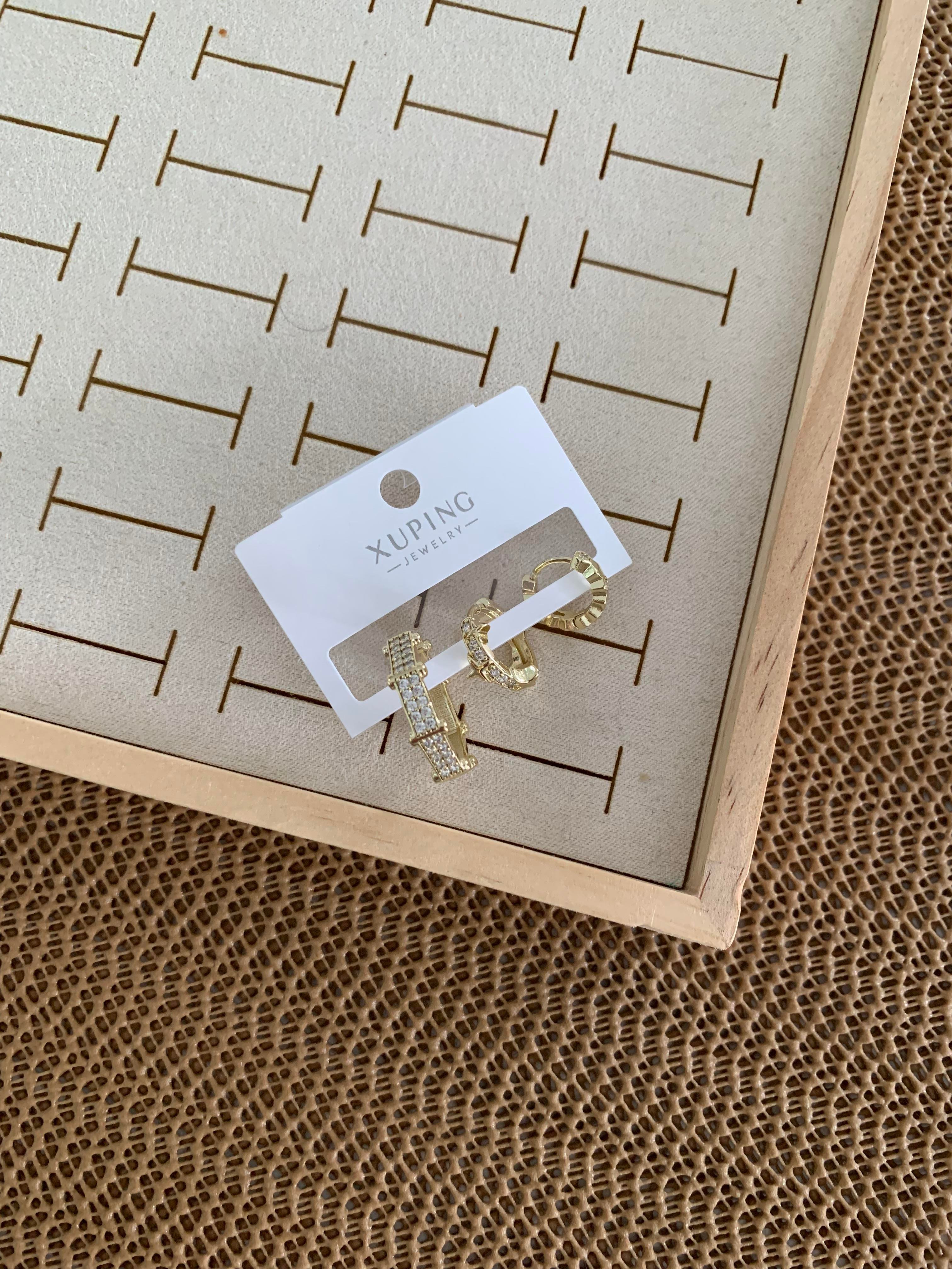 Vip Gold Zirkon Taşlı Biyeli Üçlü Set Halka Küpe