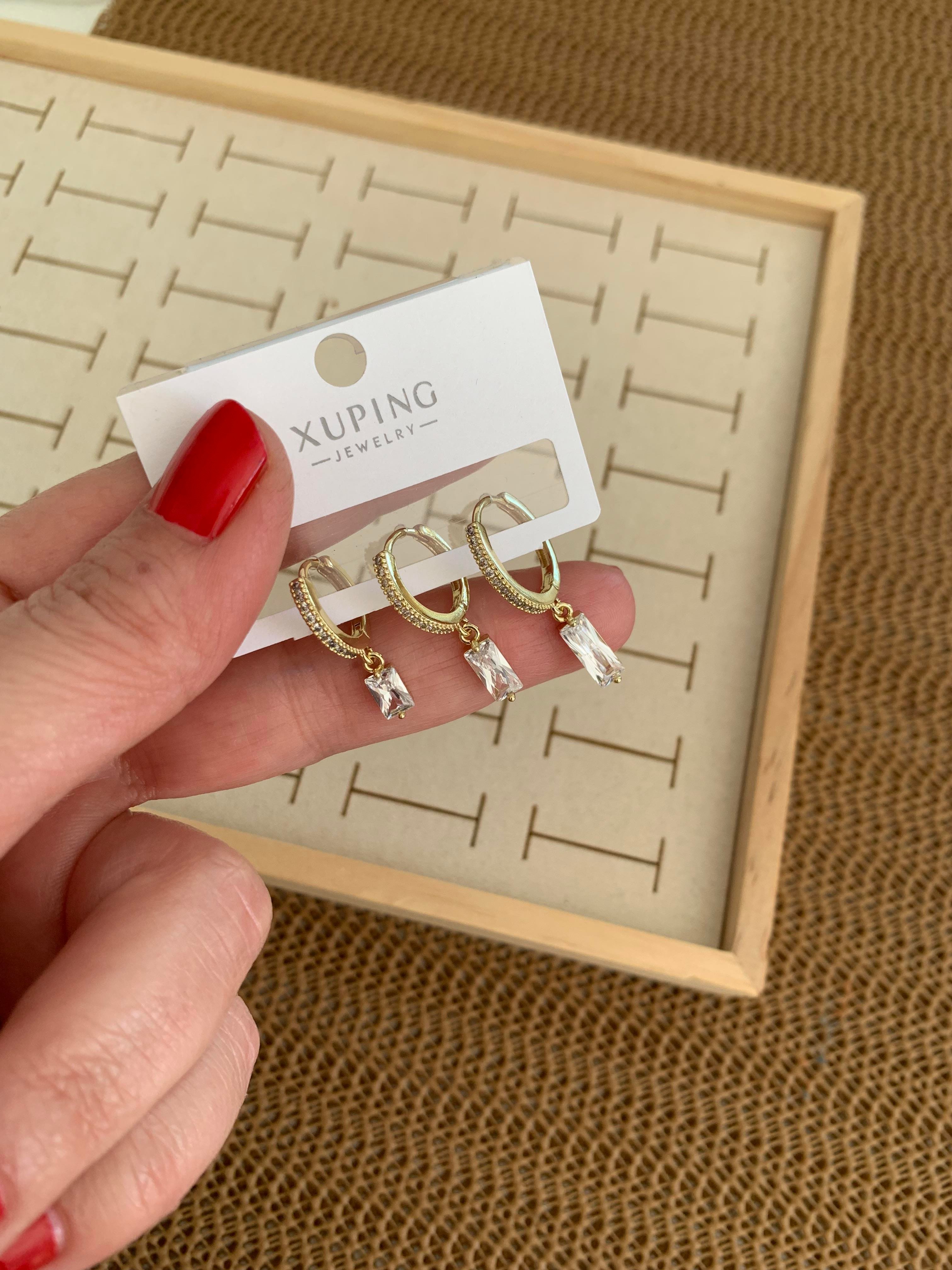 Vip Gold Zirkon Taşlı Çubuk Sallantılı Üçlü Set Halka Küpe