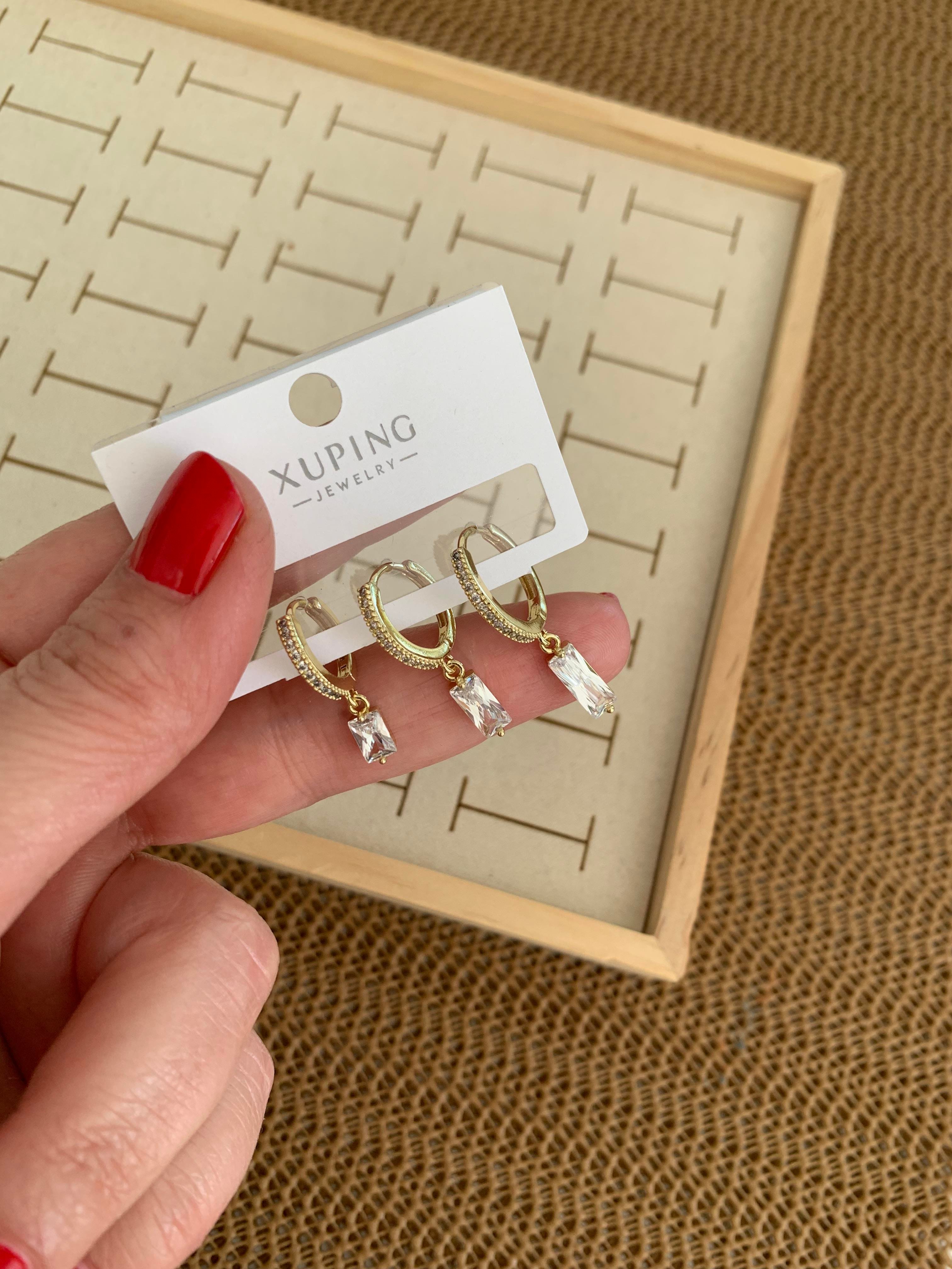 Vip Gold Zirkon Taşlı Çubuk Sallantılı Üçlü Set Halka Küpe