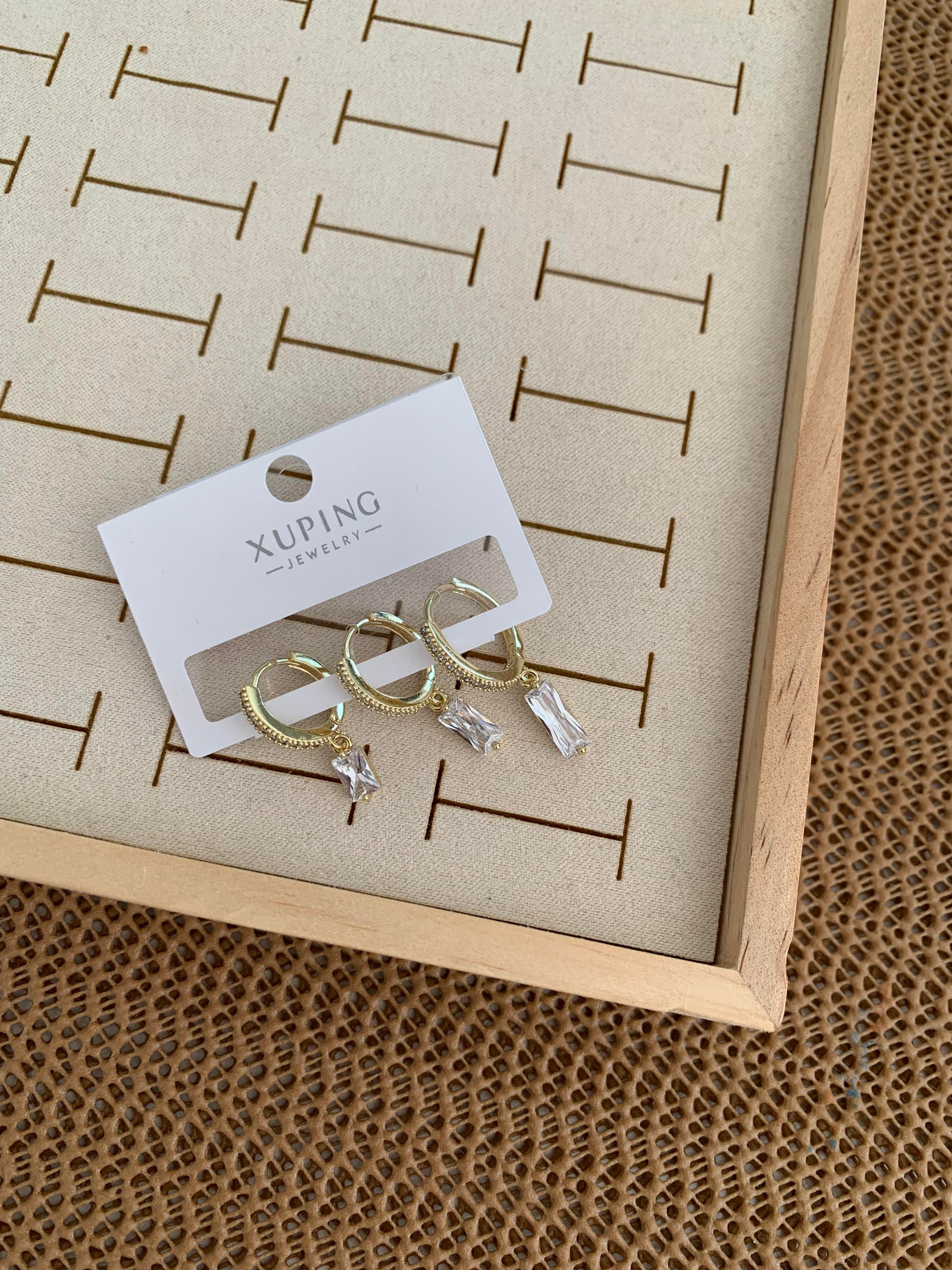 Vip Gold Zirkon Taşlı Çubuk Sallantılı Üçlü Set Halka Küpe