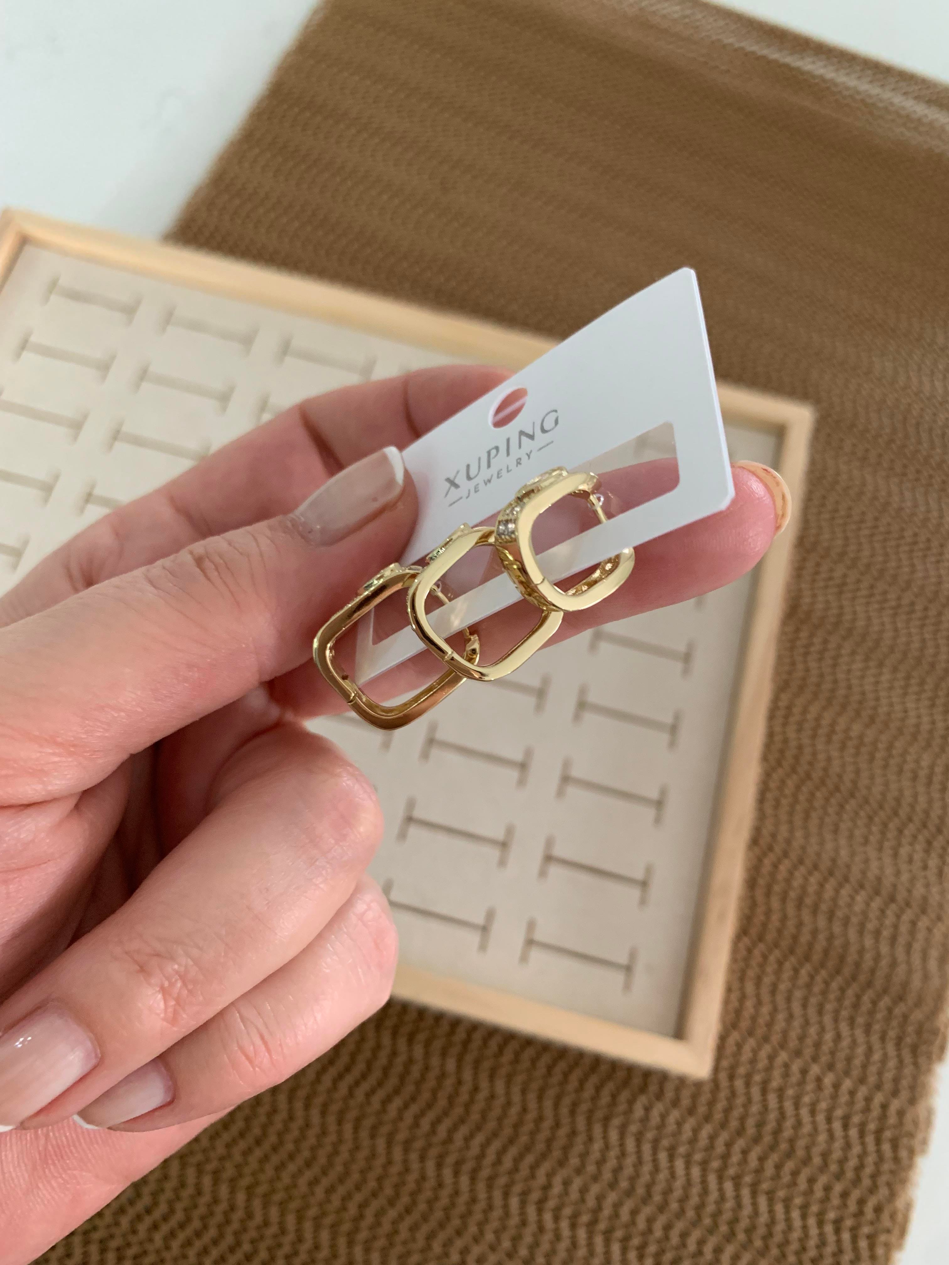 Vip Gold Zirkon Taşlı Damla Üçlü Set Kare Küpe