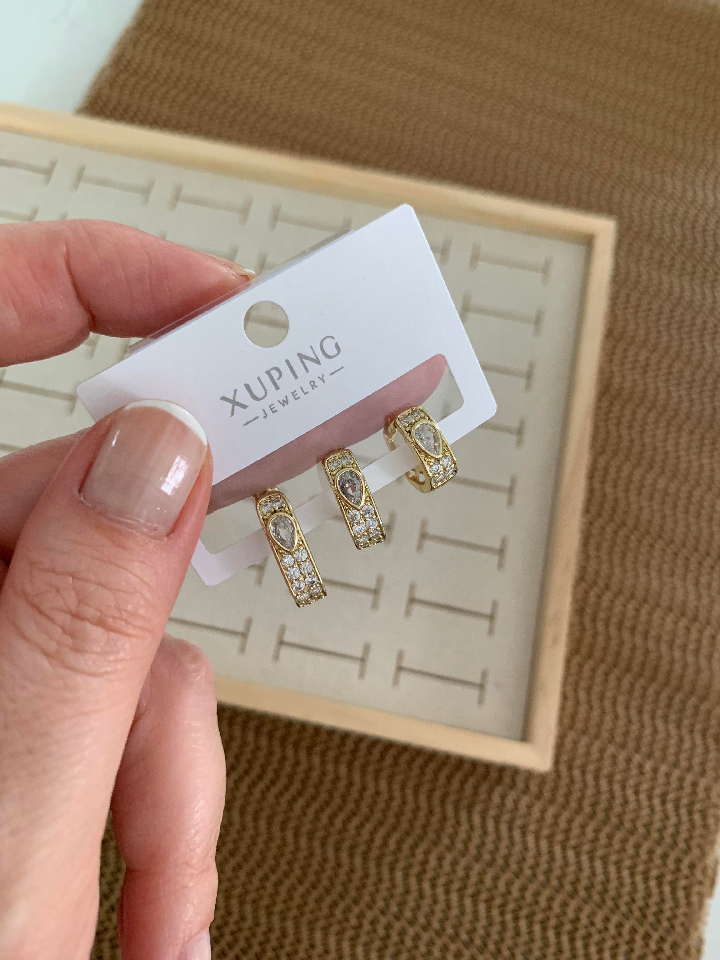 Vip Gold Zirkon Taşlı Damla Üçlü Set Kare Küpe