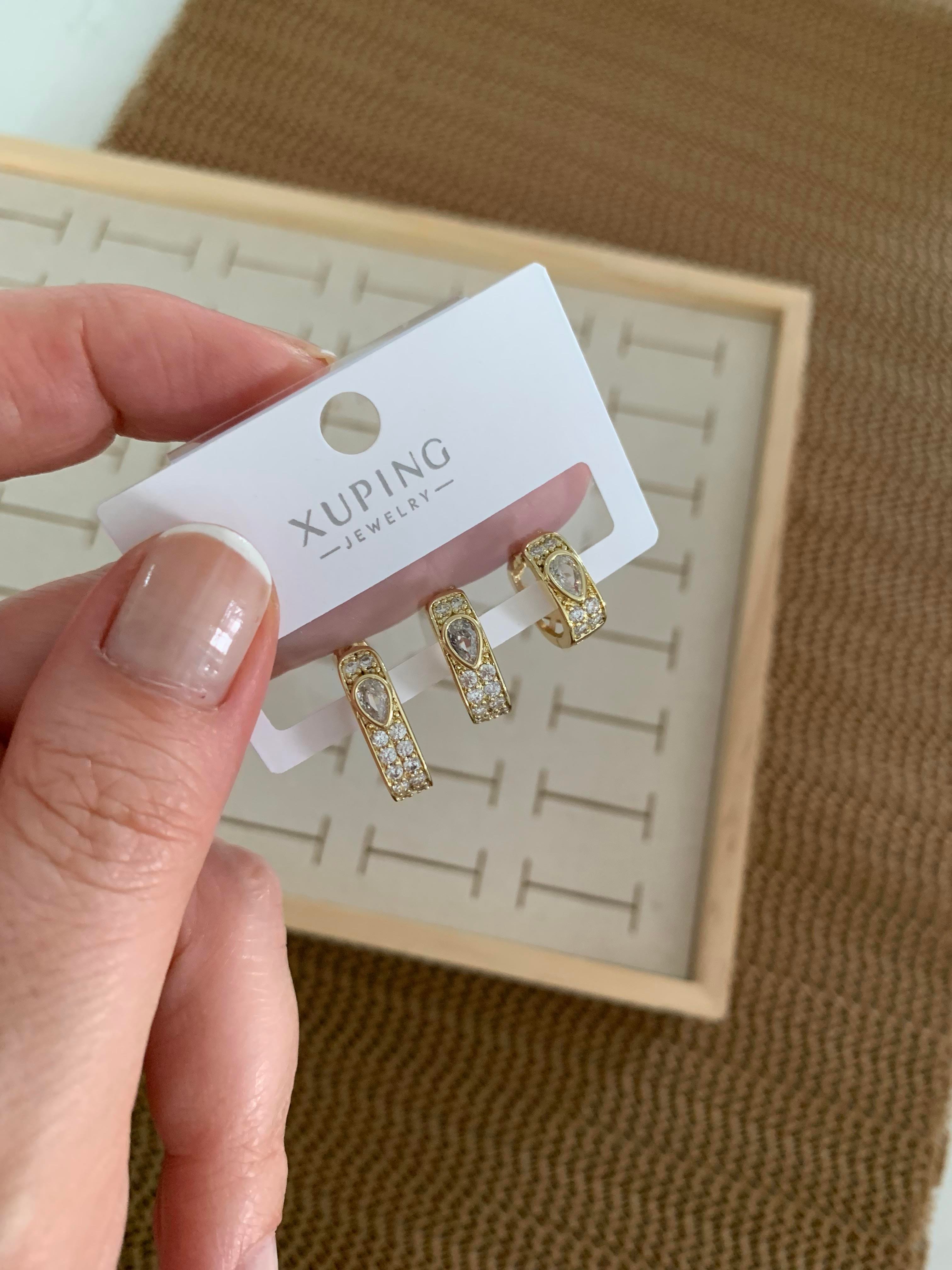 Vip Gold Zirkon Taşlı Damla Üçlü Set Kare Küpe