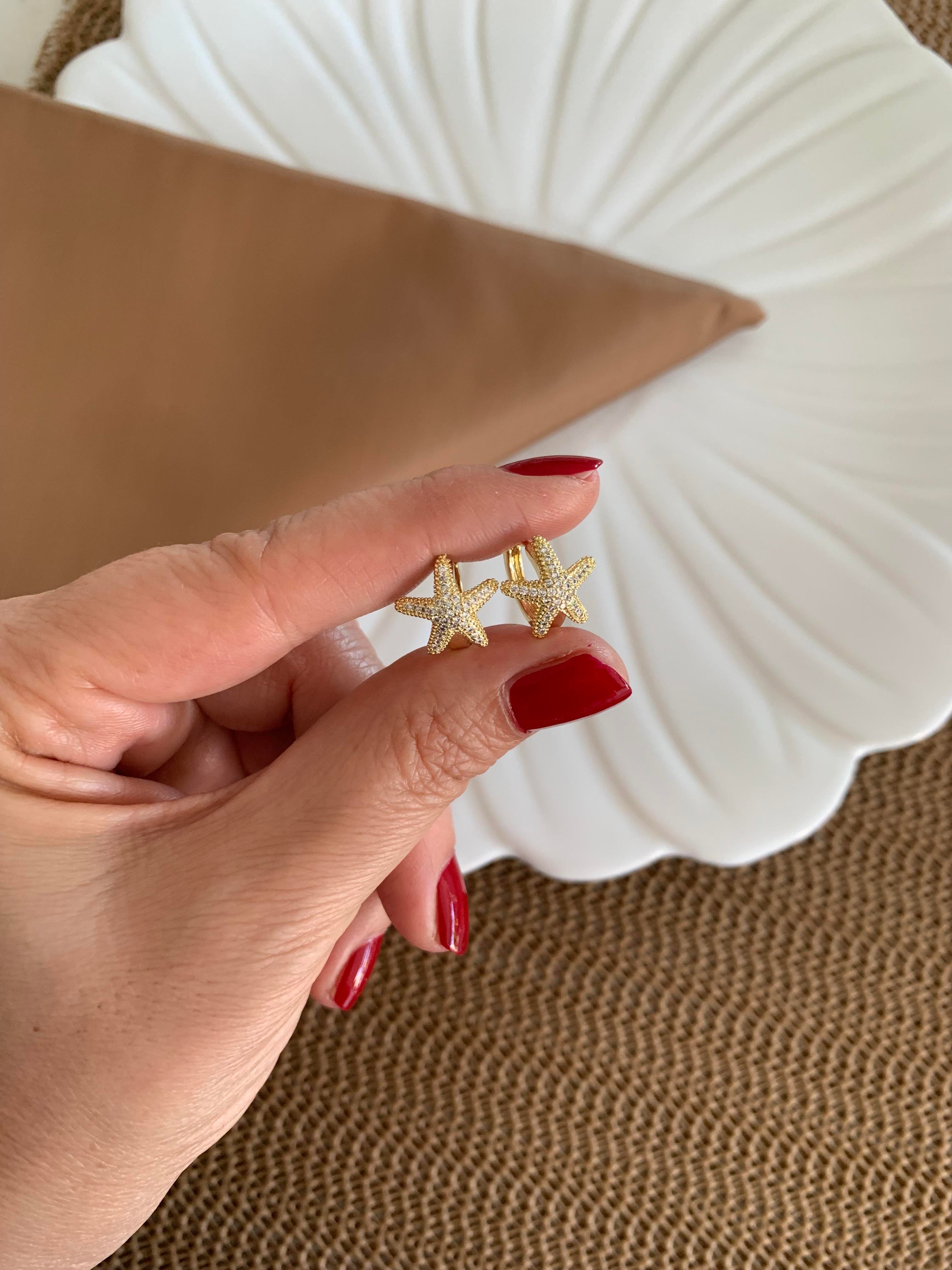 Vip Gold Zirkon Taşlı Deniz Yıldız Mini Halka Küpe