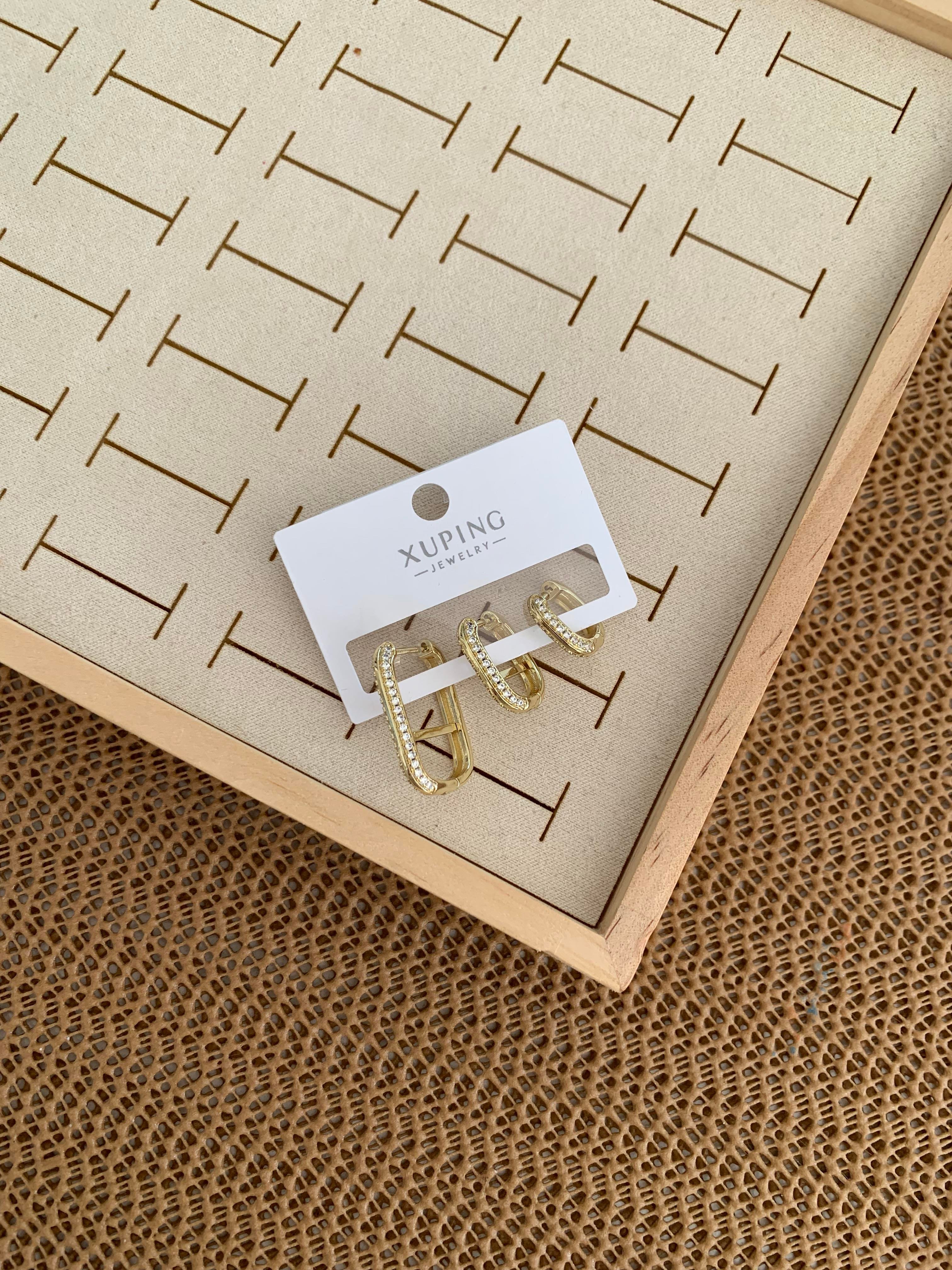 Vip Gold Zirkon Taşlı Dikdörtgen Üçlü Set Küpe