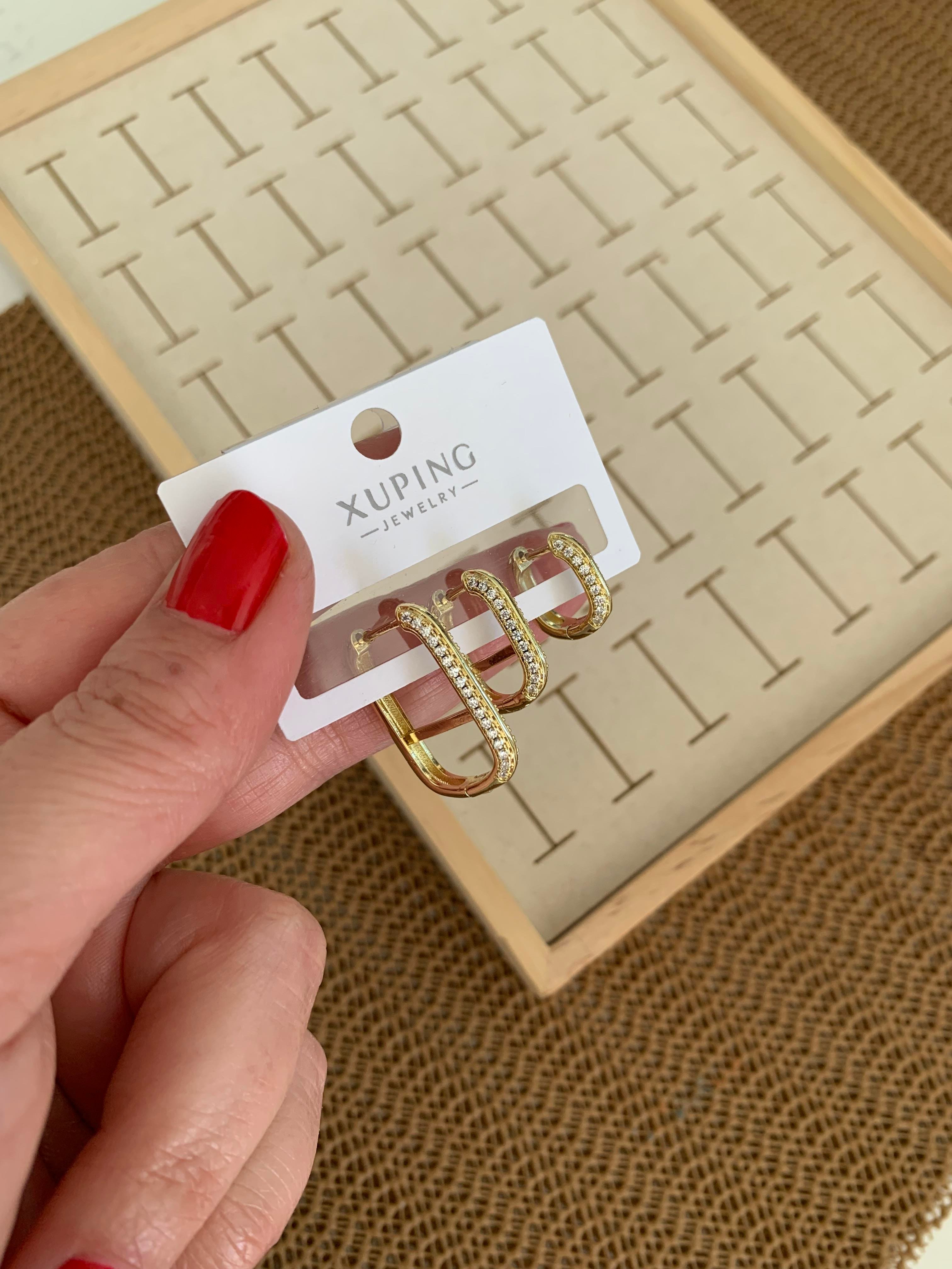 Vip Gold Zirkon Taşlı Dikdörtgen Üçlü Set Küpe