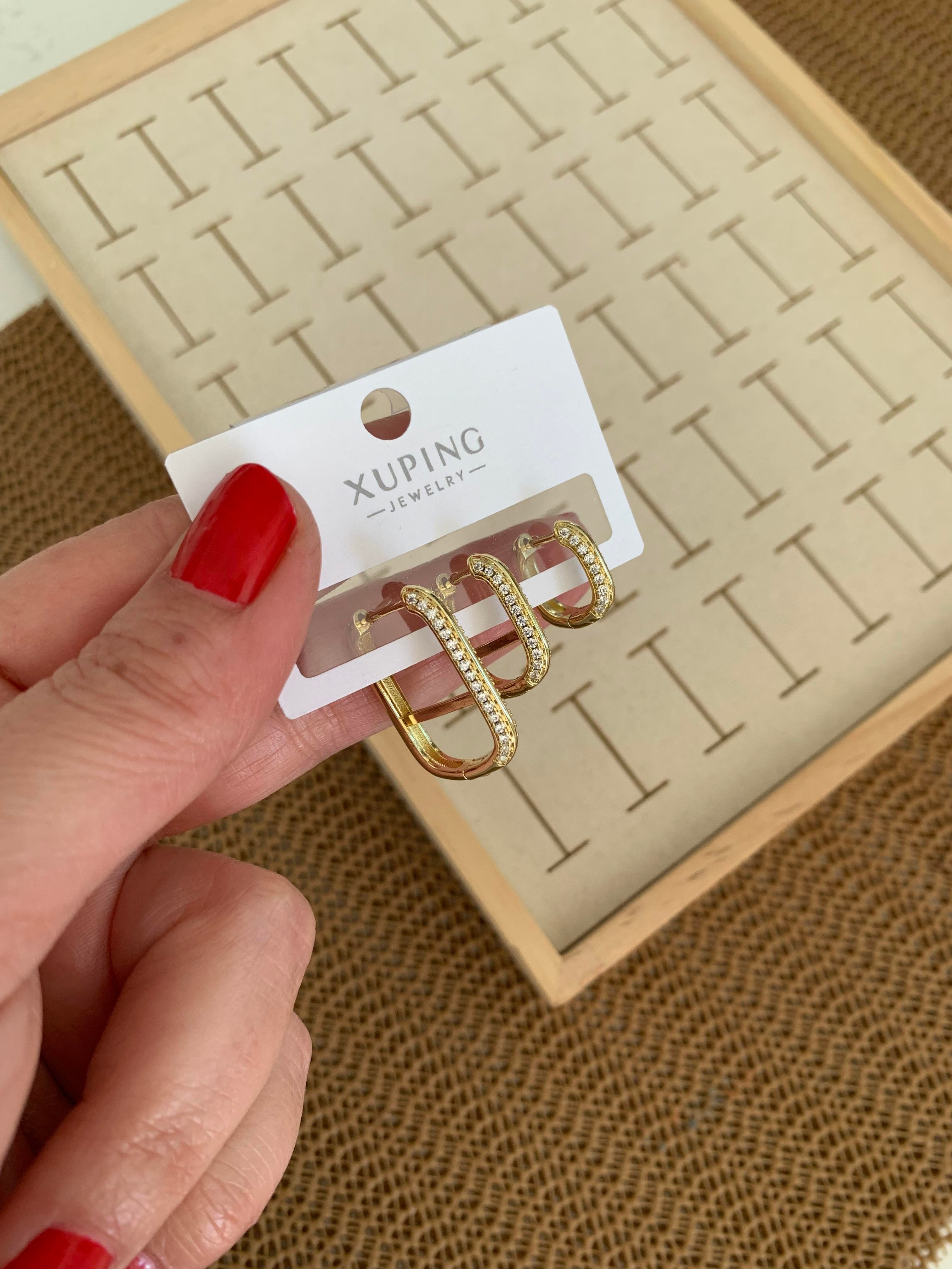 Vip Gold Zirkon Taşlı Dikdörtgen Üçlü Set Küpe